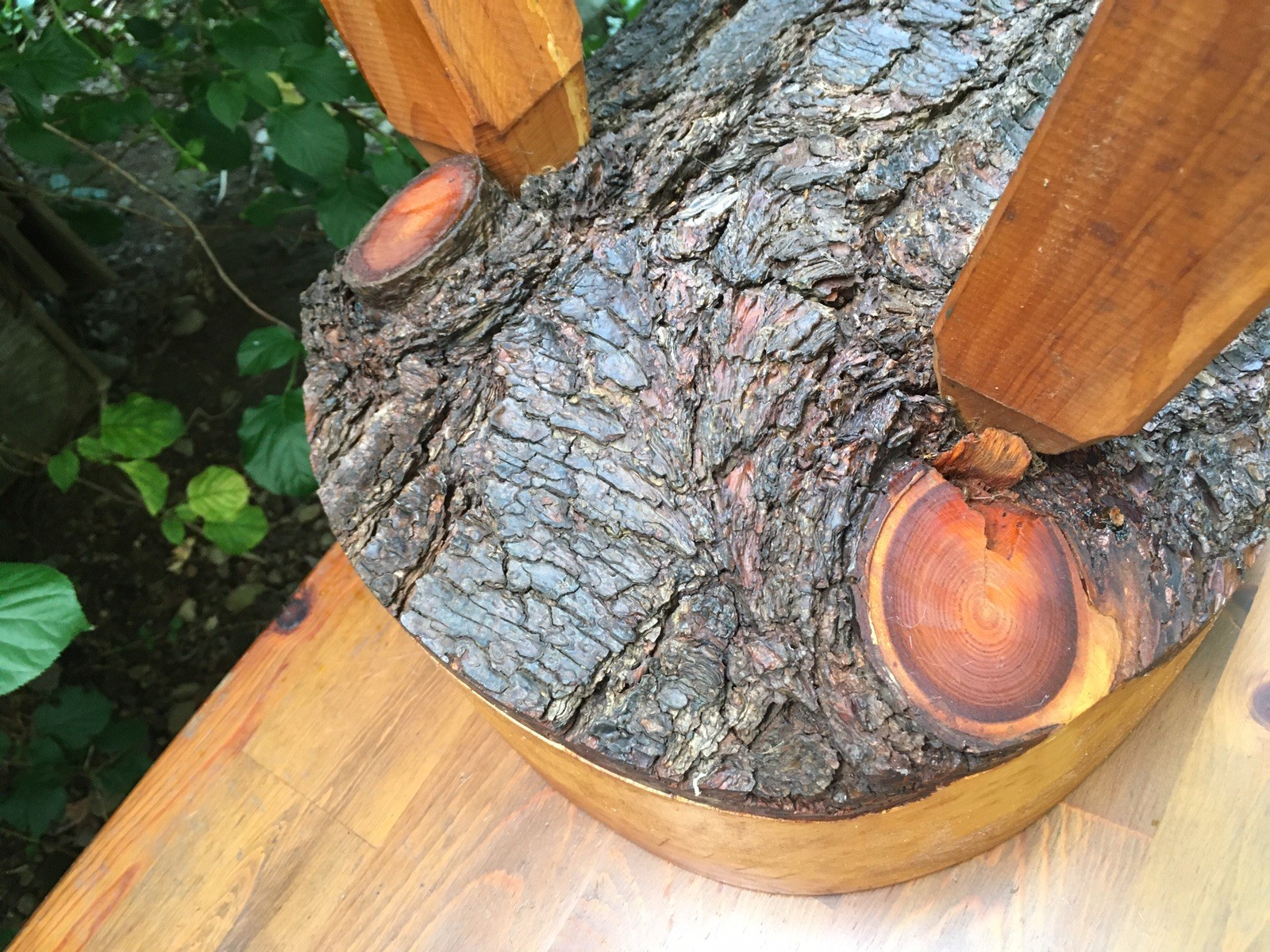 Vintage Handmade Primitive Wooden Log Bench Coffee Table w Bark Underside