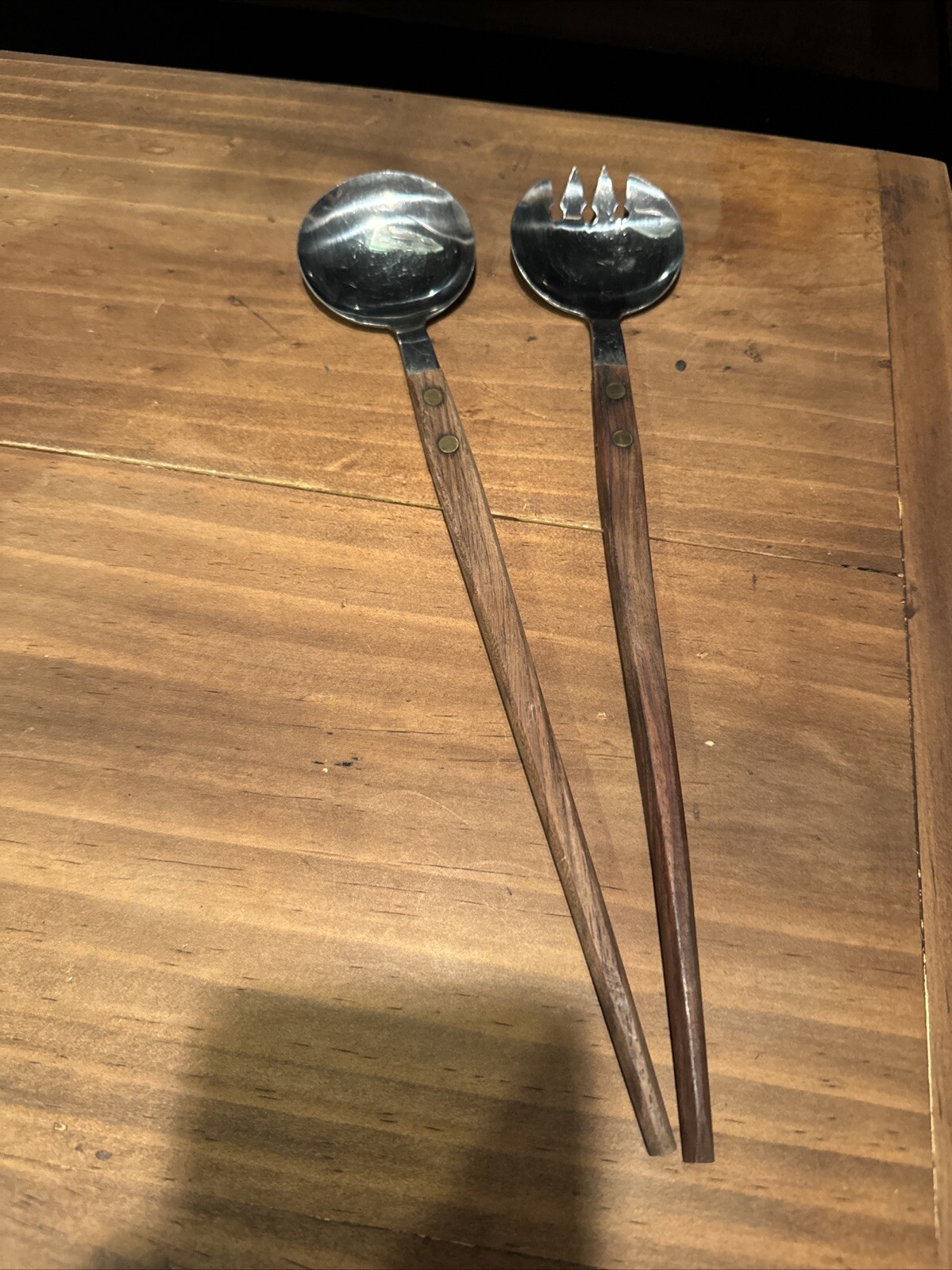 1960s Japanese Midcentury Modern Stainless Wood Salad Server Set Utensils