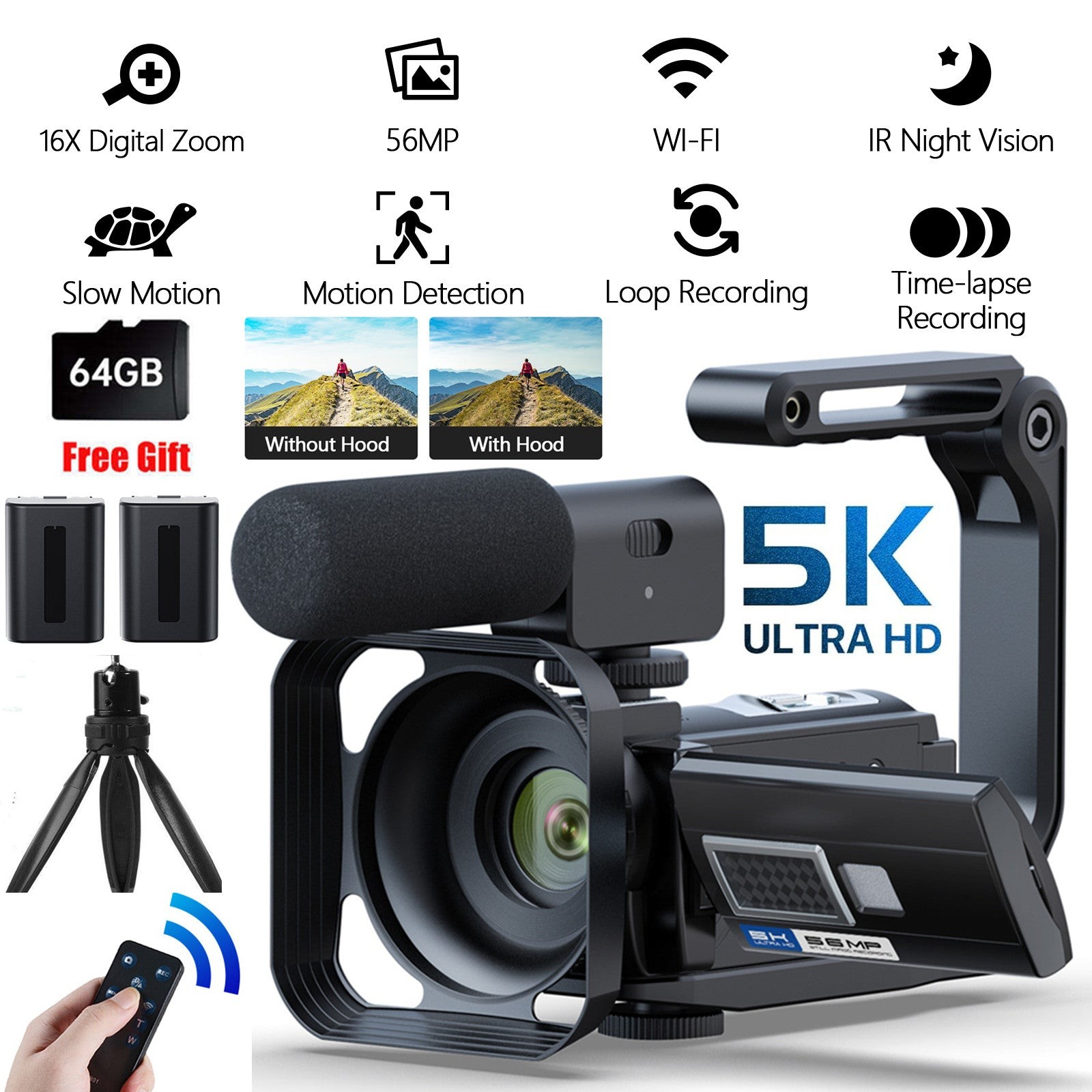 5K Video Camera Camcorder 56MP WIFI YouTube Vlogging/Podcast Camera 3” 270° 64GB