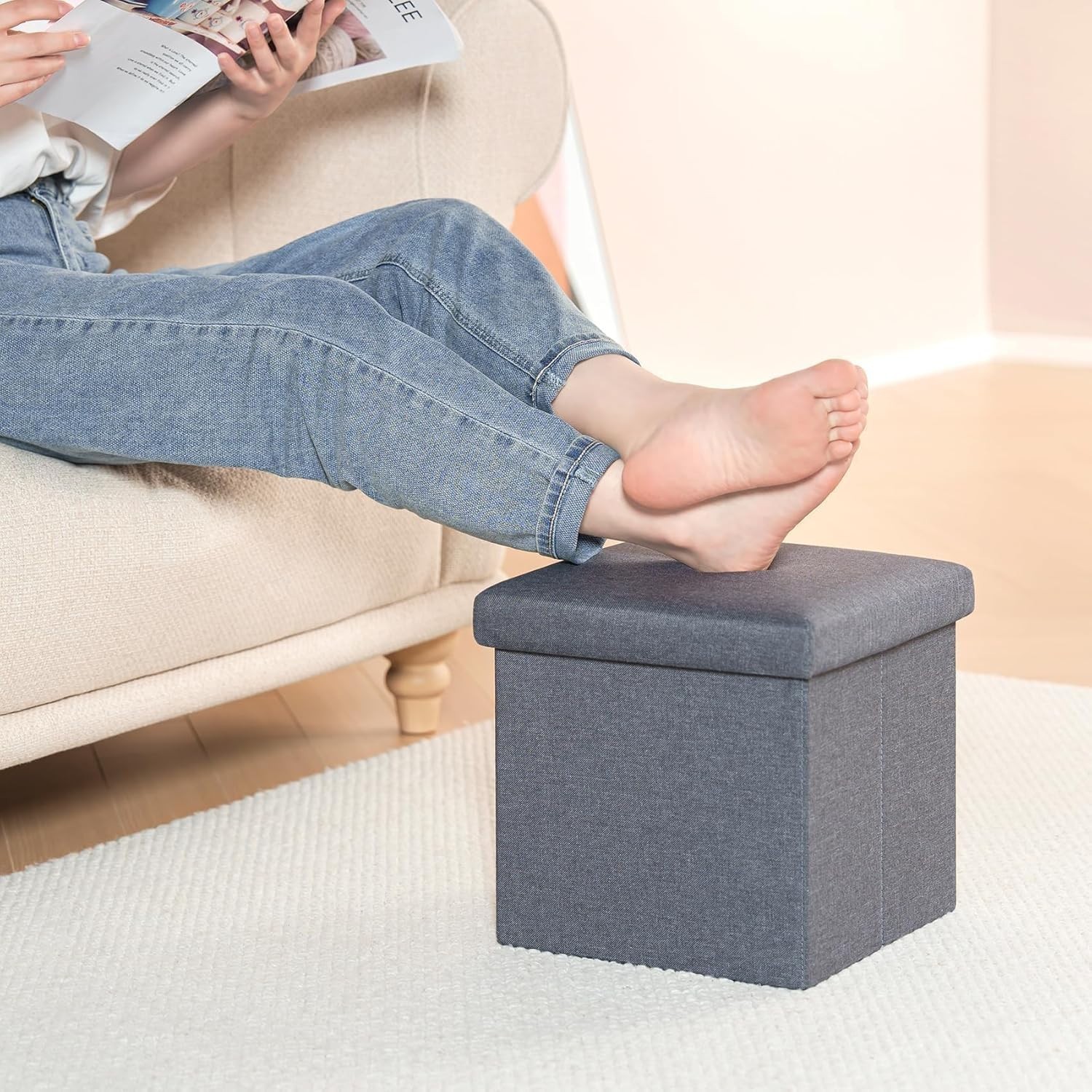 Compact Multi-Purpose Grey Ottoman Cube - Linen Footrest for Living Spaces 11.8"
