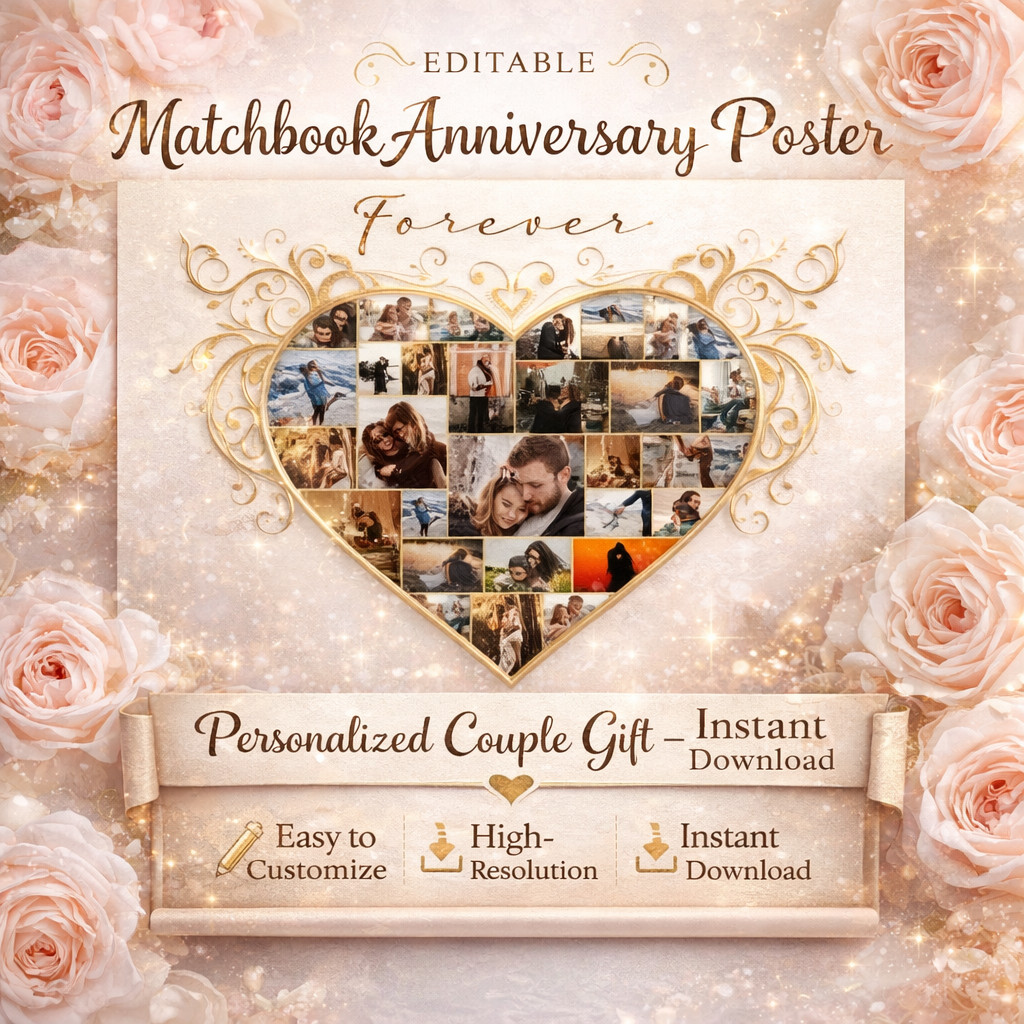 Matchbook Anniversary Gift Editable Couple Poster Template Romantic Love Art