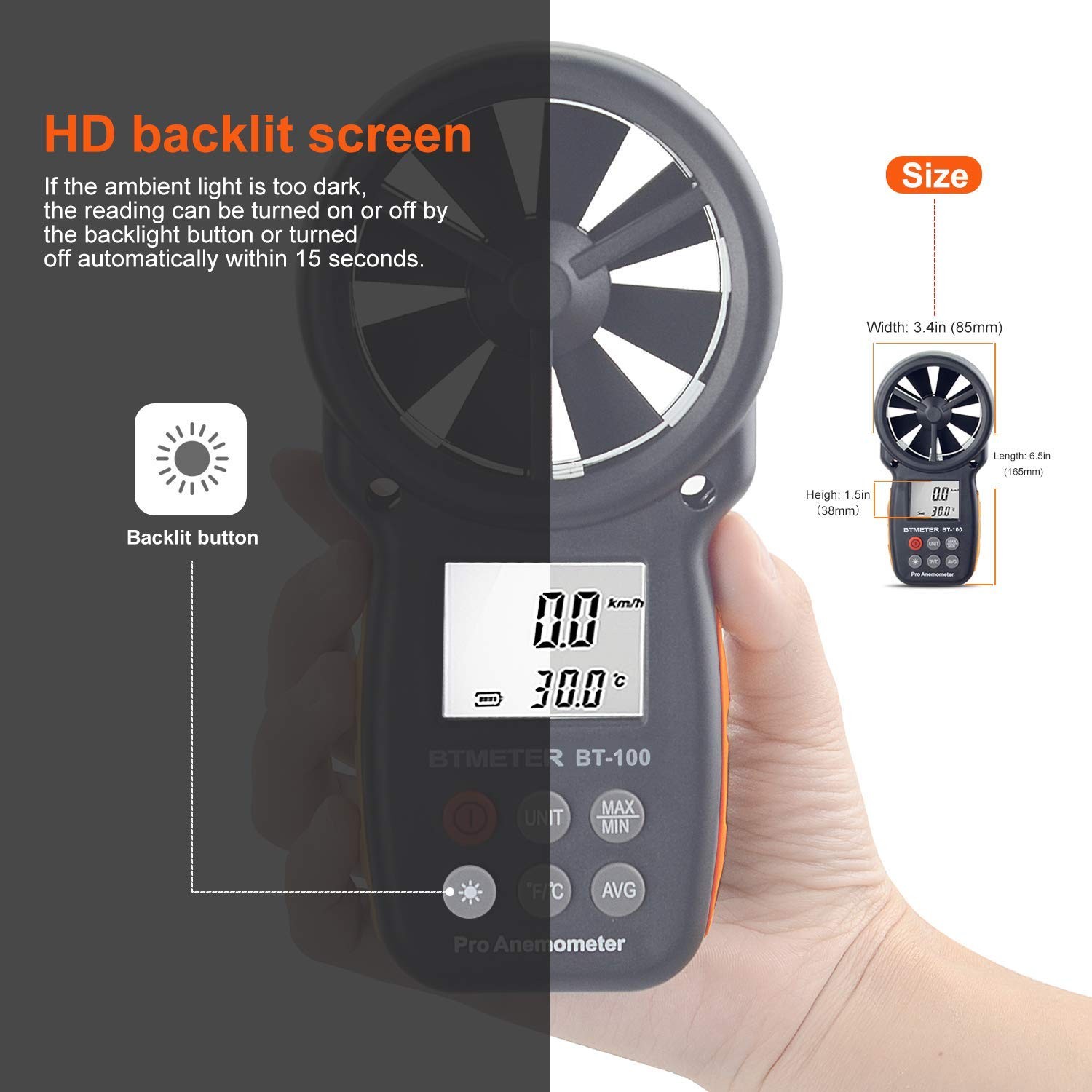 BTMETER BT-100 Handheld Anemometer, Digital Wind Speed CFM Anemometer
