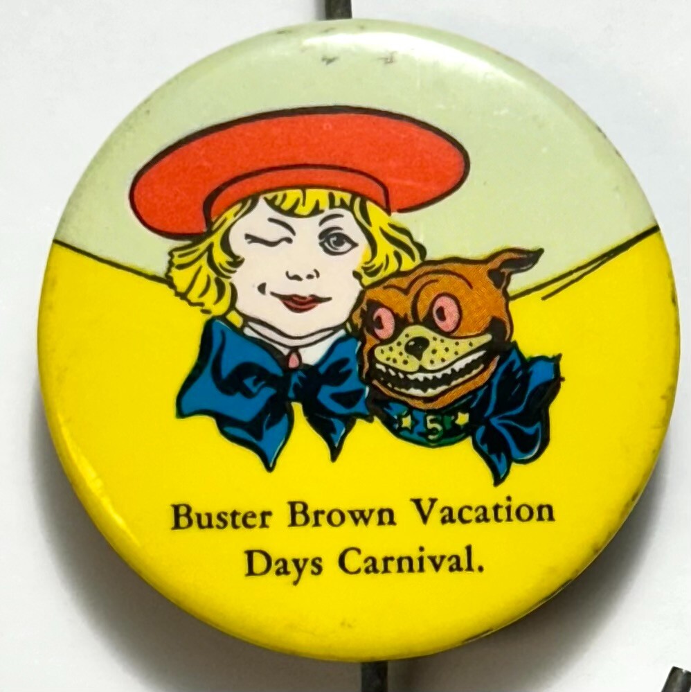 1940s Buster Brown Shoes Vacation Days Carnival Receipt Hook Celluloid Button