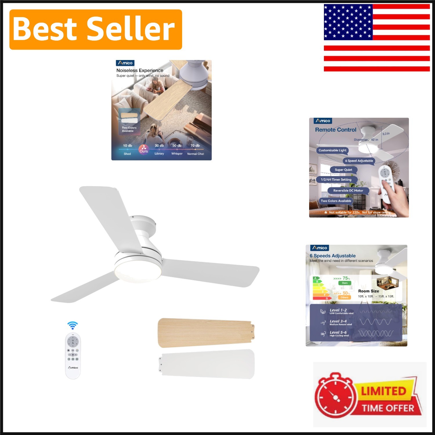 Modern 42 Inch Low Profile Ceiling Fan with Lights - 6 Speeds & Remote Control