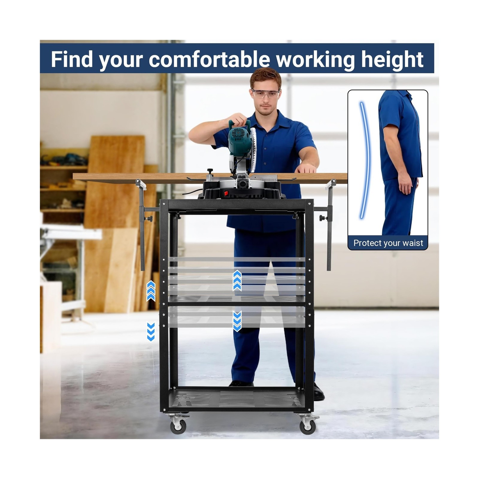 Planer Stand with Roller, 27.6" x 24" Tabletop, 31"- 44.7" Height Adjustable,...