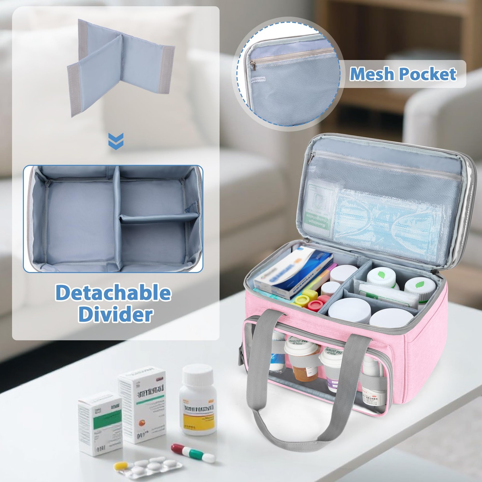 Double-Layer Medicine Bag with Transparent Compartment, Pill Bottle Organizer