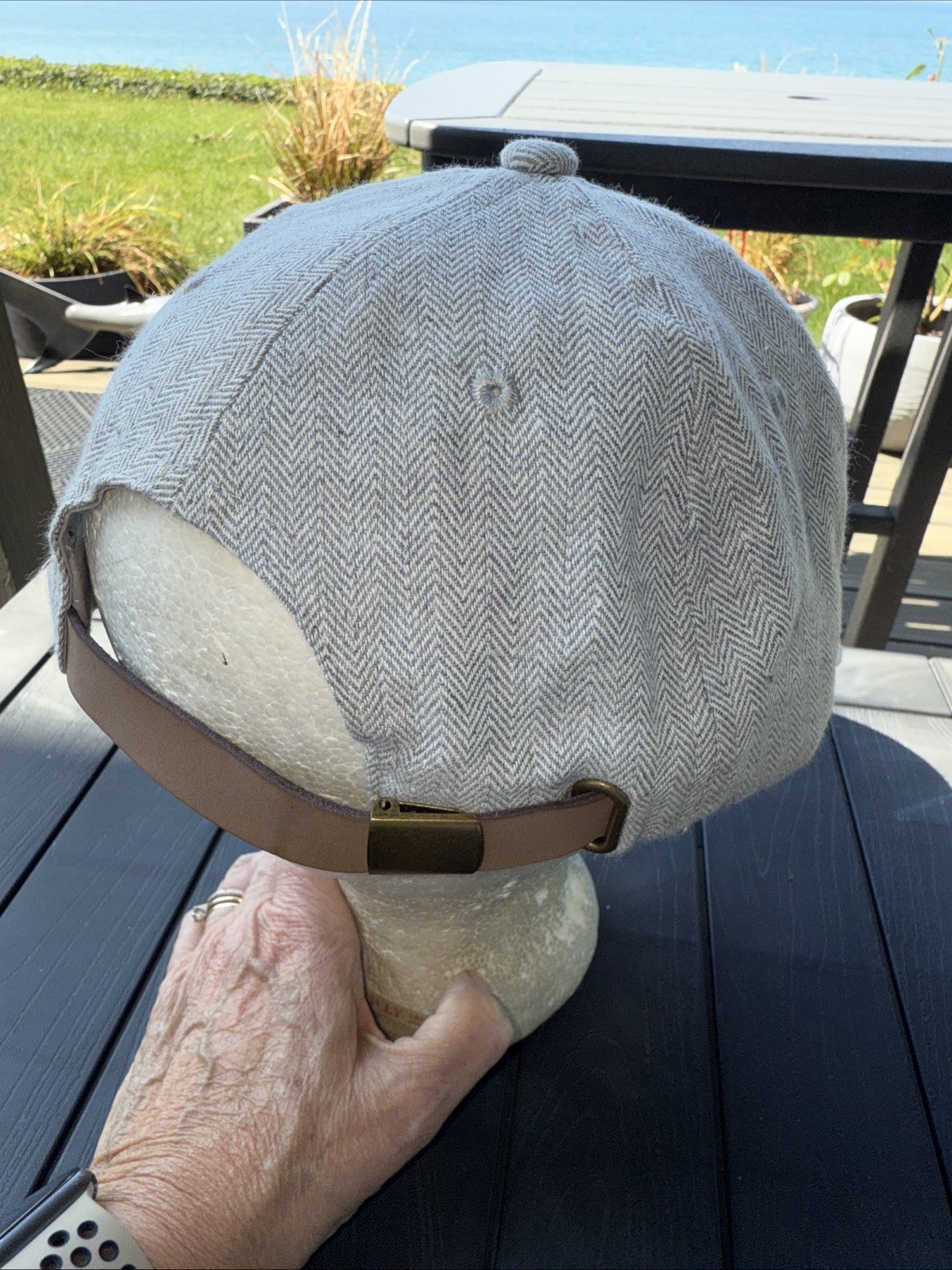 Herringbone fabric pattern Gray White Hat Cap Leather Strap Buckle EUC