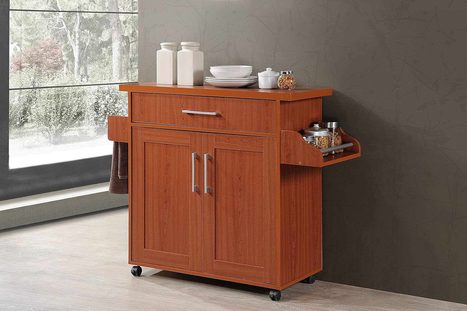 Kitchen Island with Spice Rack, Towel Rack & Drawer, Cherry