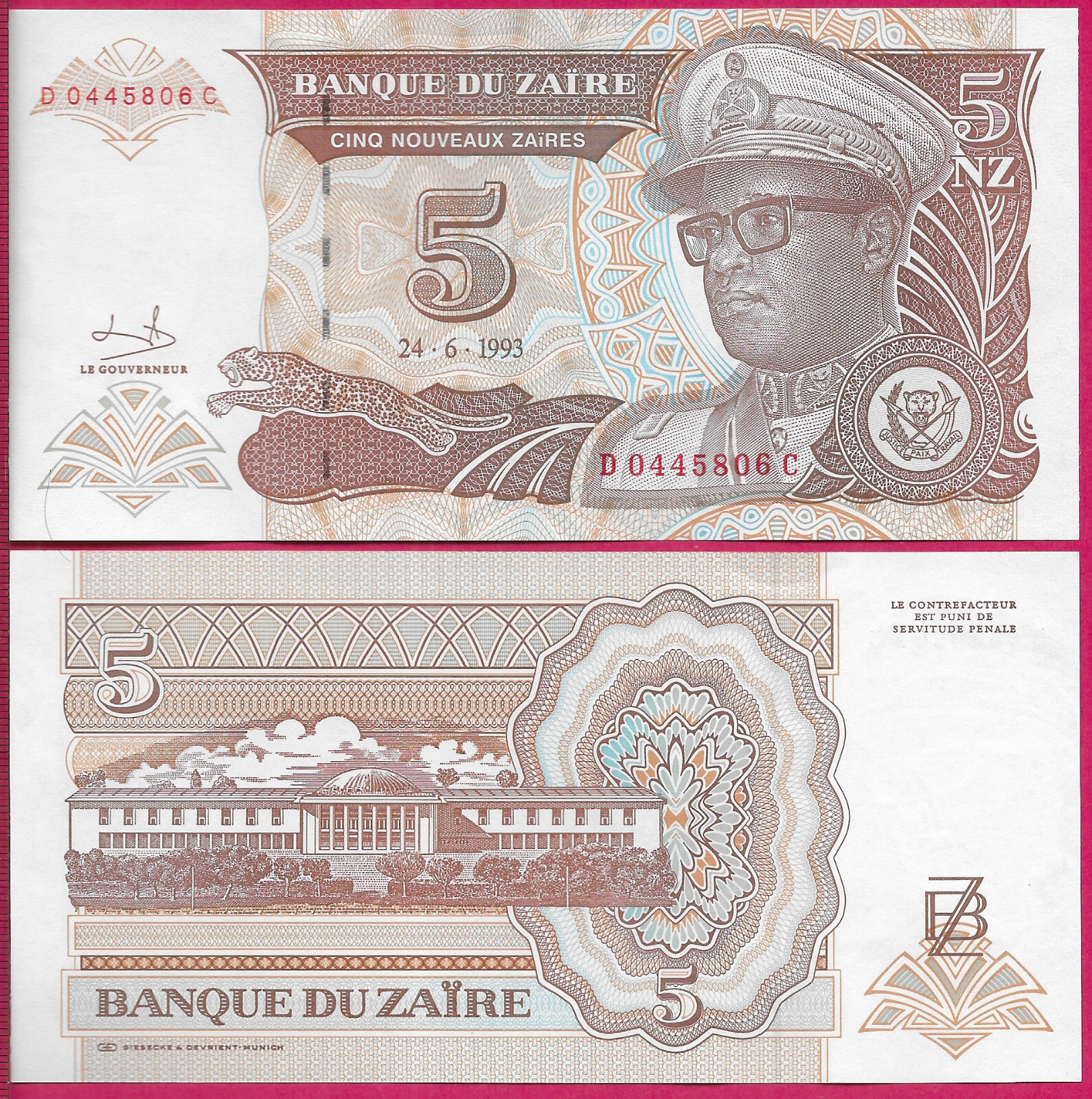 ZAIRE 5 NOUVEAUX ZAIRES 1993 UNC D-C,PRESIDENT MOBUTU,Lettering:Banque du Zaïre