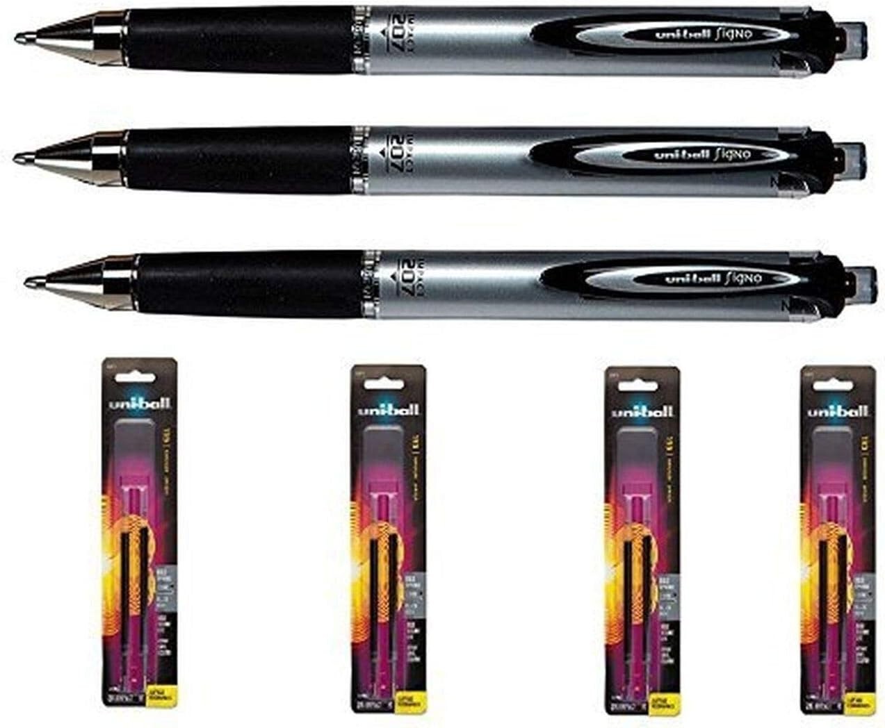 Uni-Ball Signo Impact 207 Rt 65870 Pk of 3 with 4 Pks of Refills 65873 Black Gel