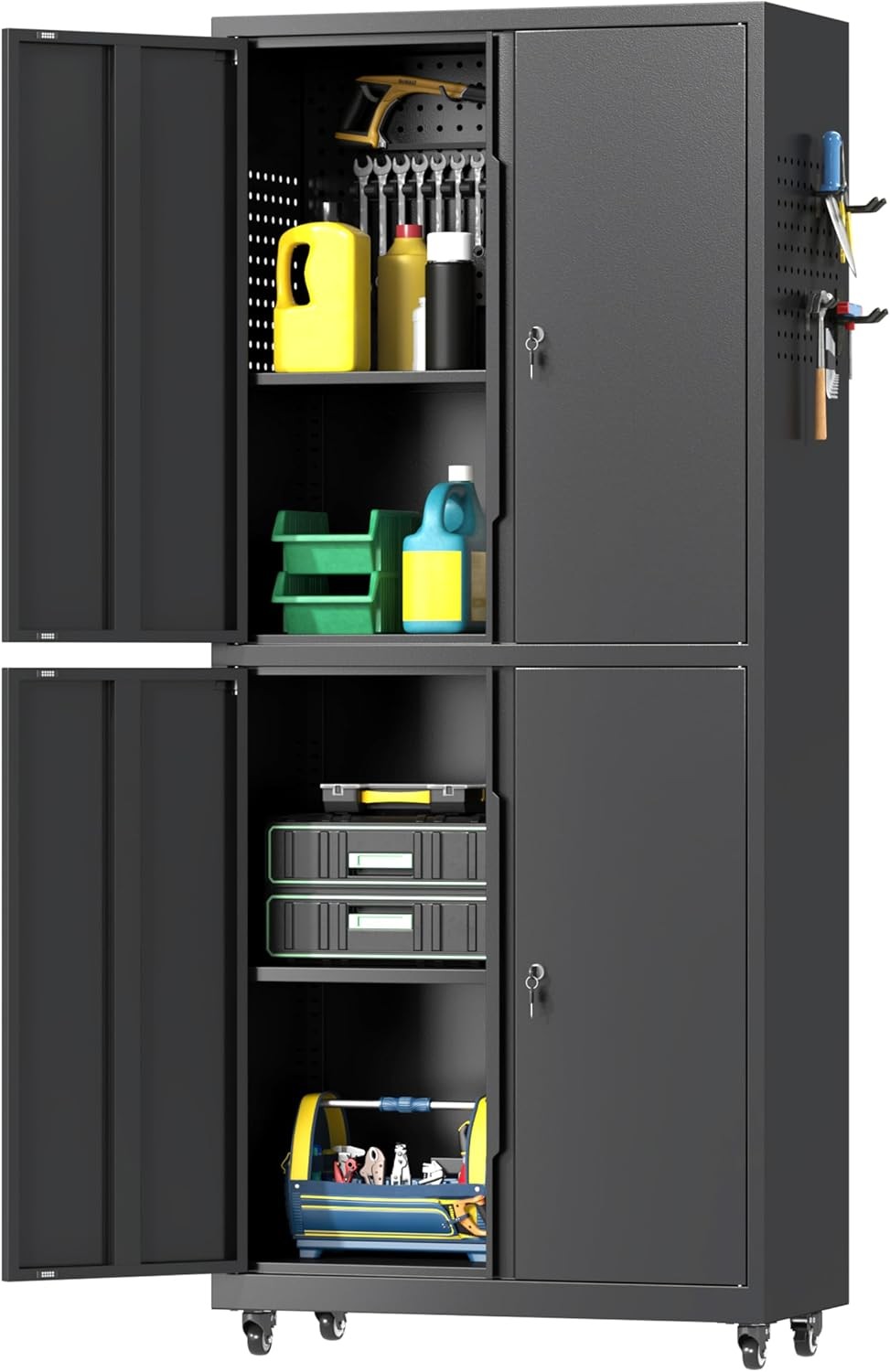 71" H Metal Tool Storage Cabinet with Lock and Wheels, Heavy Duty Garage Cabinet