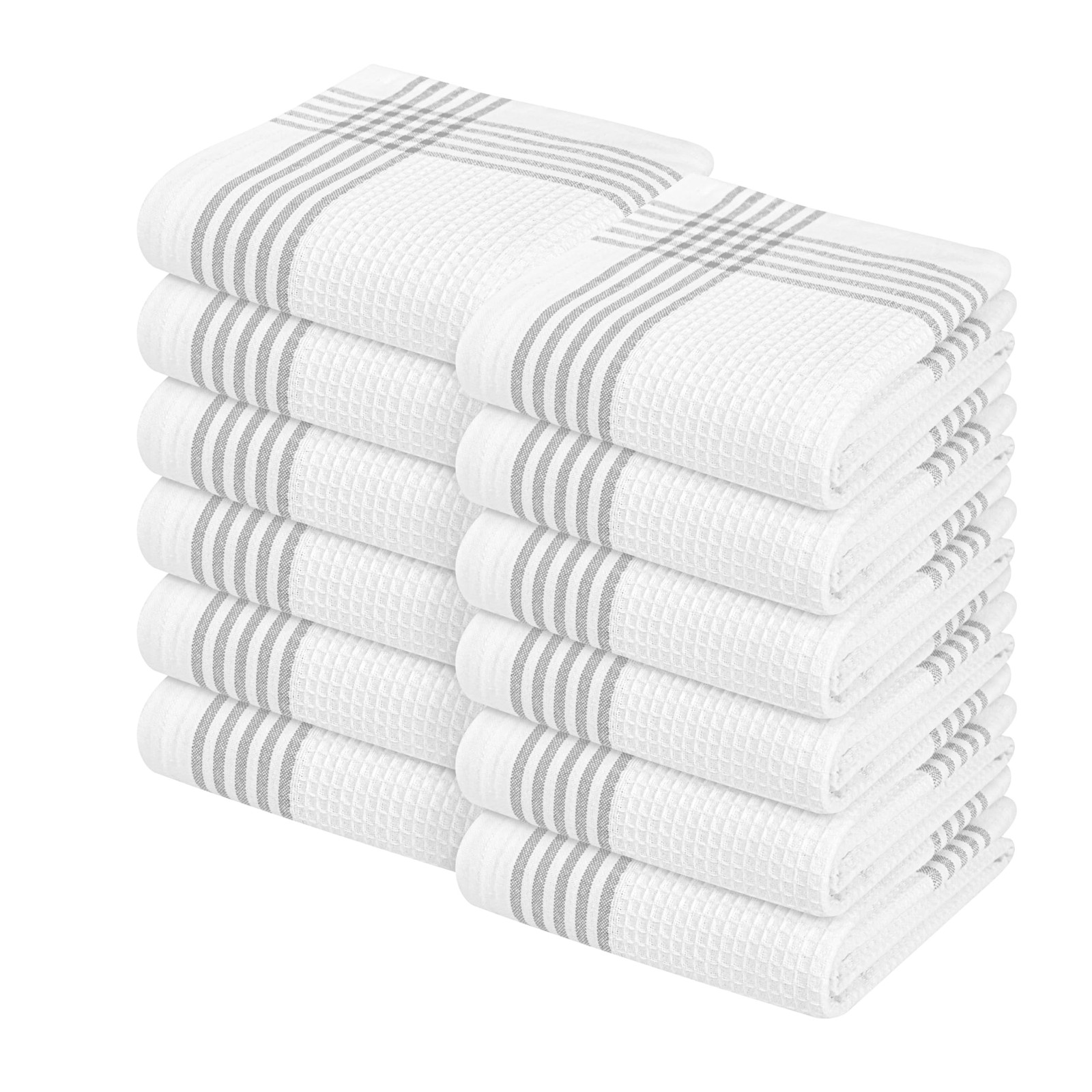 100% Cotton Waffle White Grey Kitchen Towels Dish Cloths 16x26 Inch 12 PCS
