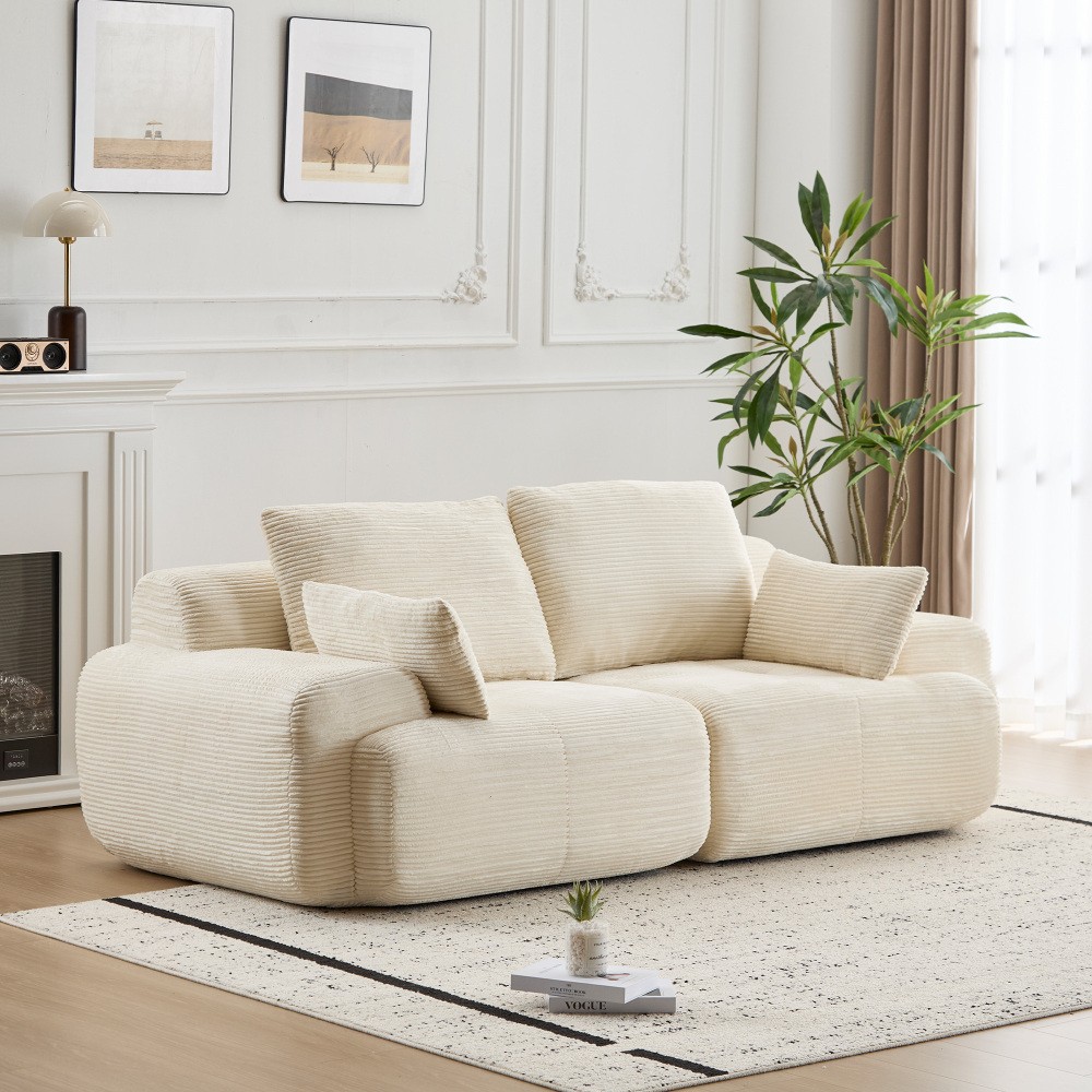 Modern Memory Foam Sofa, 2-Seater Corduroy Sectional w/ Deep Seat, Beige