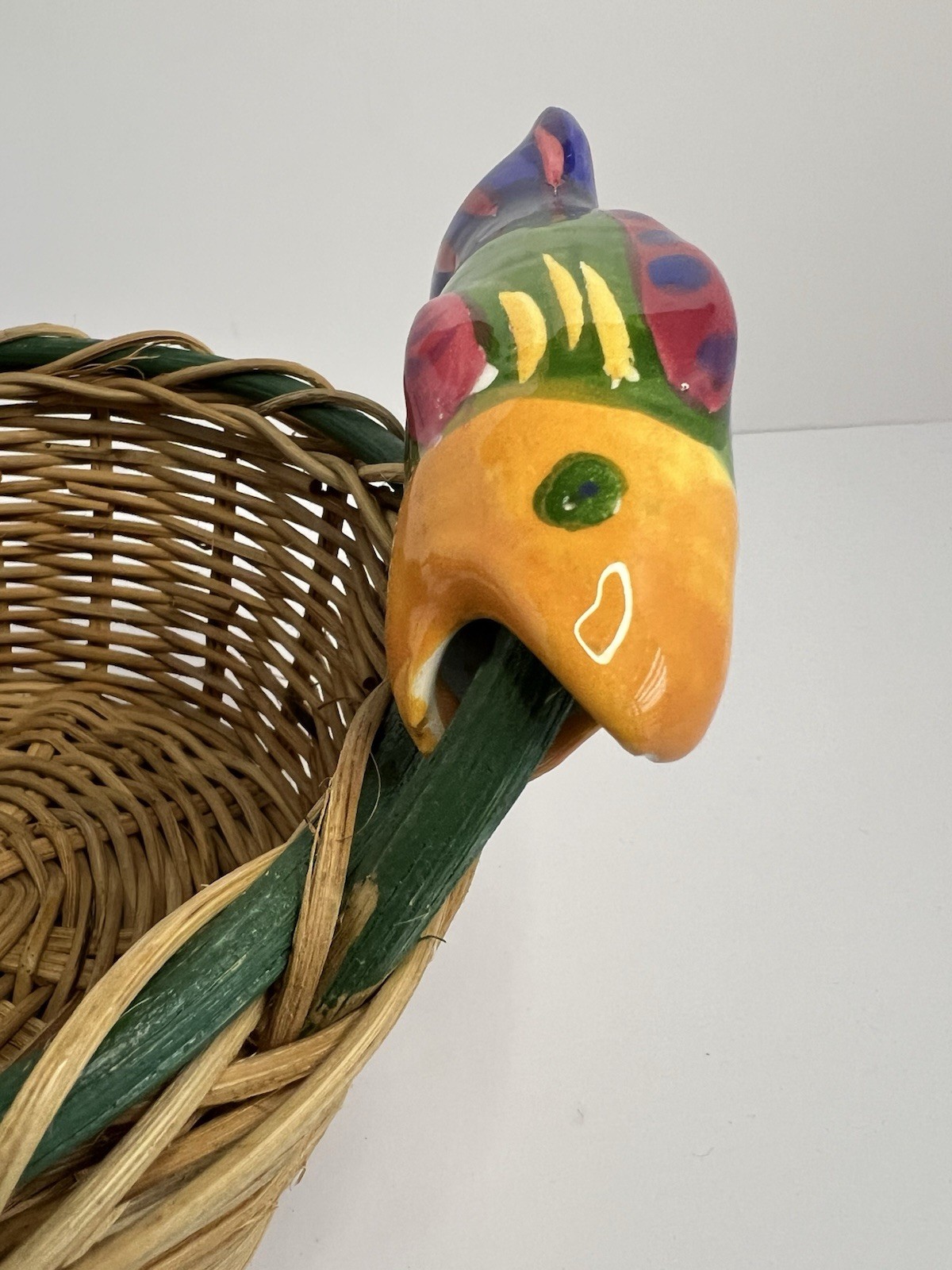 Vintage Artisanal Round Wicker Basket With Decorative Ceramic Fish Handles 10"