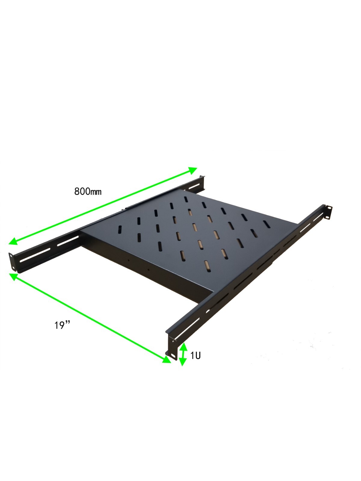 1U 19" Black 4-Post Vented Fixed Server Shelf Rack Mount, Adjustable 16in - 37in
