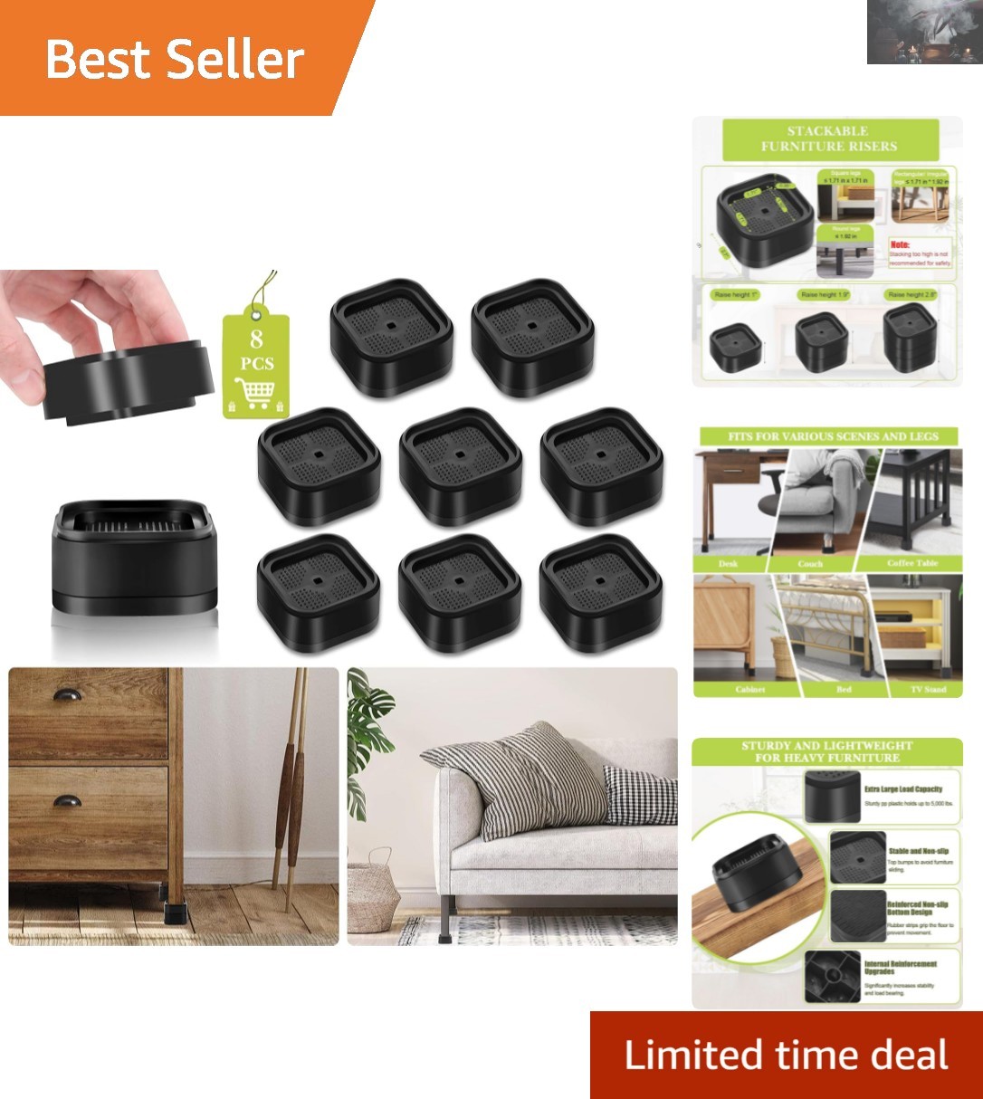 Stackable & Versatile Furniture Risers - Adjust Heights to Lift Furniture Safely
