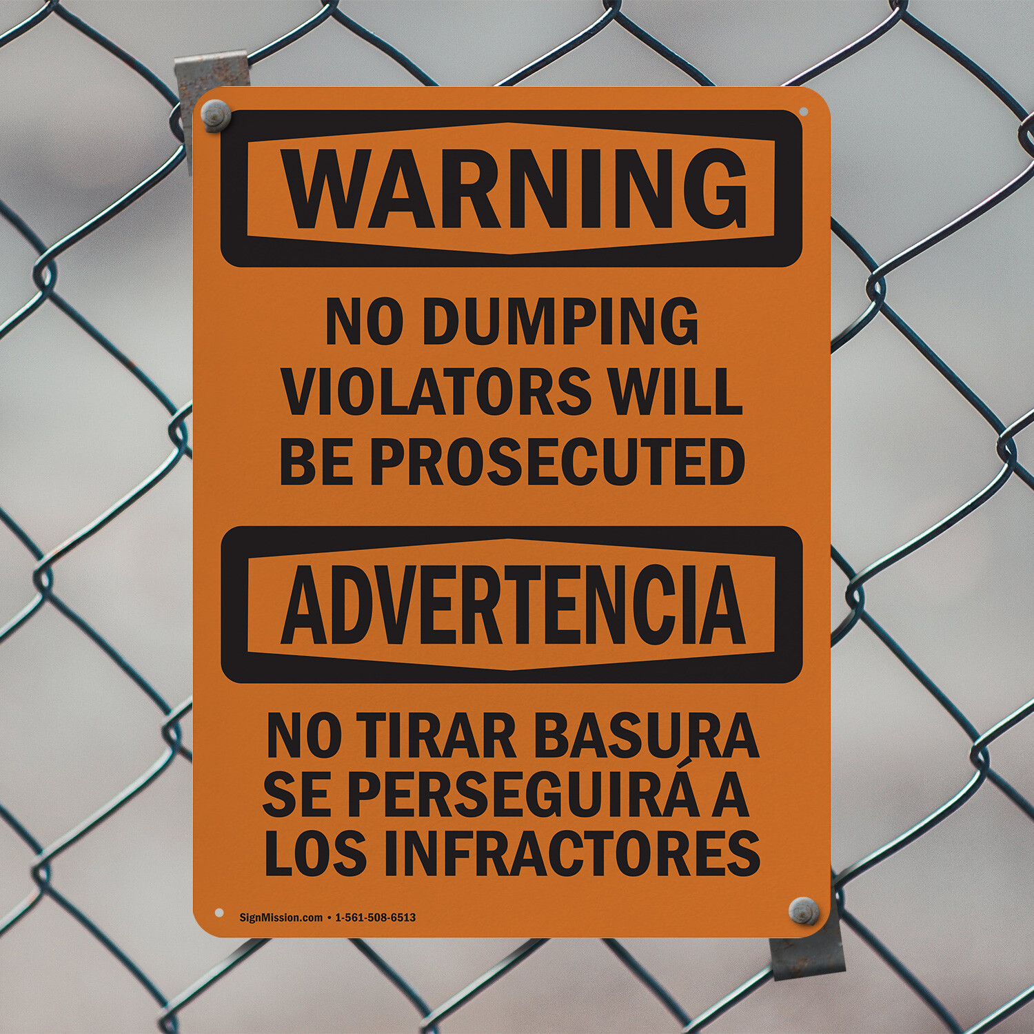 (2 Pack) No Dumping Violators Prosecuted Bilingual OSHA Warning Sign Decal Metal