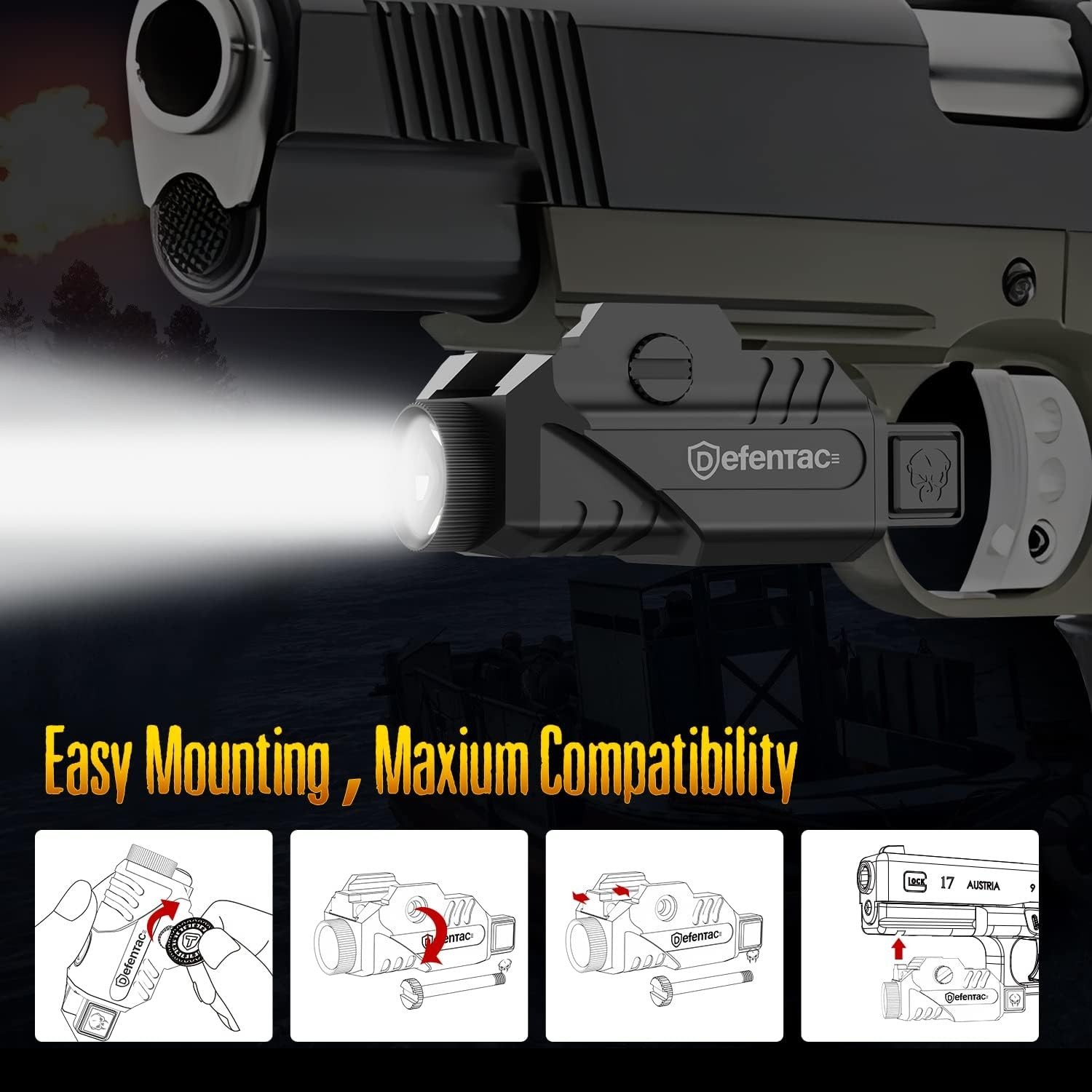 DEFENTAC Pistol Light Magnetic Rechargeable Flashlight with Strobe Function