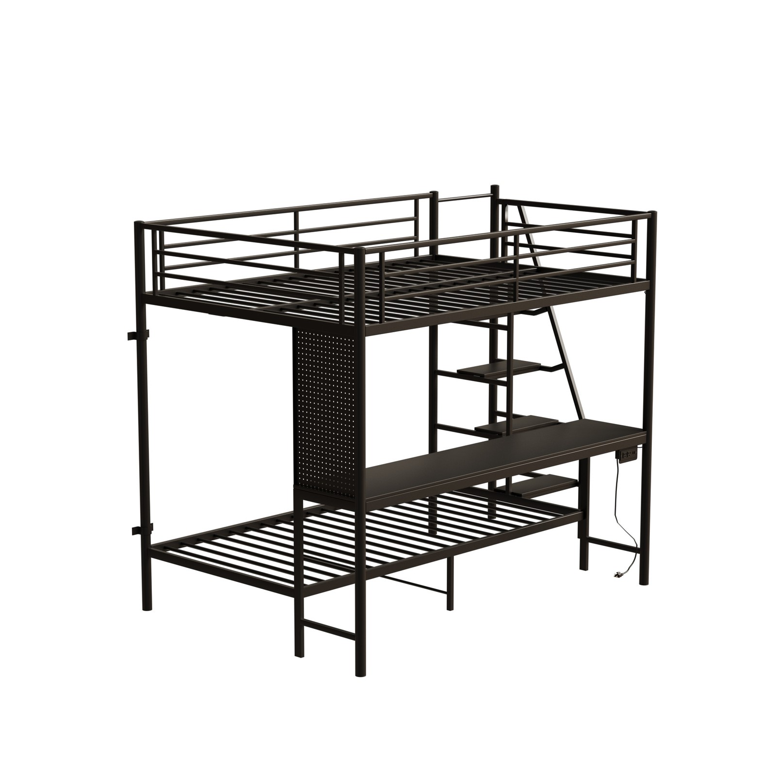 Modern Metal Bunk Bed Full Size Black Bed Frame w/LED light and Charging Socket