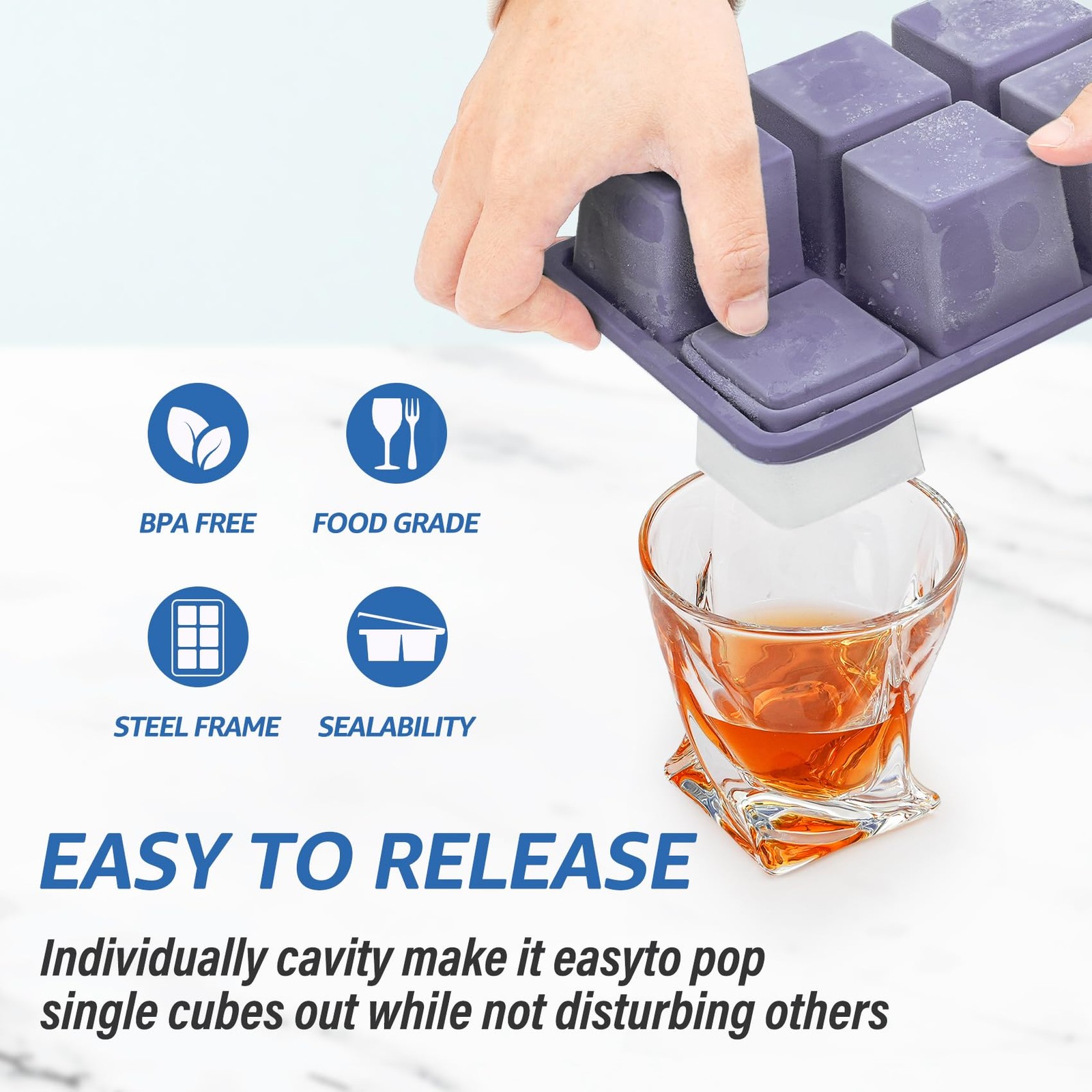 Large Silicone Ice Cube Trays with Lids, 2 Pack, Makes 2-Inch Cubes