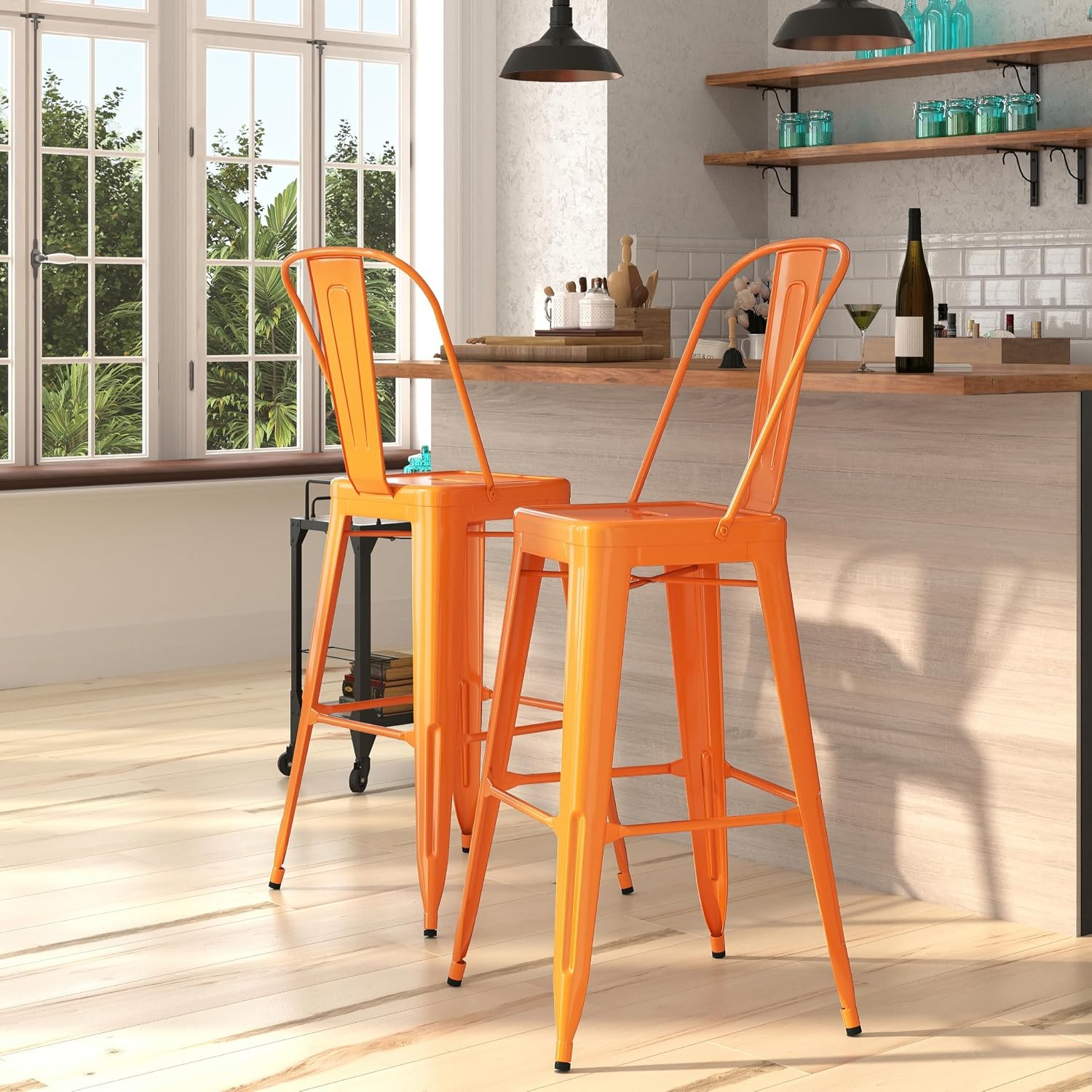 Dothan Series Bar Height Stool - Orange Finish - Metal Frame with Cross Bracing