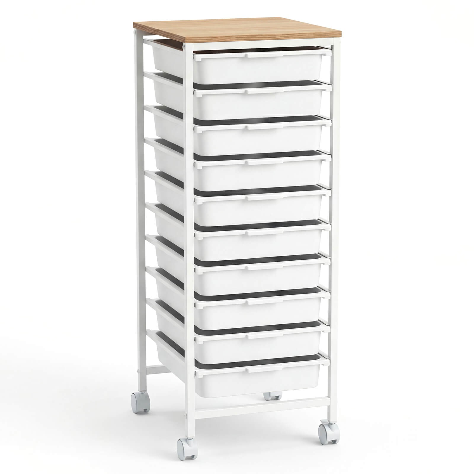 10-Drawer Rolling Storage Cart, Mobile Utility Organizer with Wooden Tabletop
