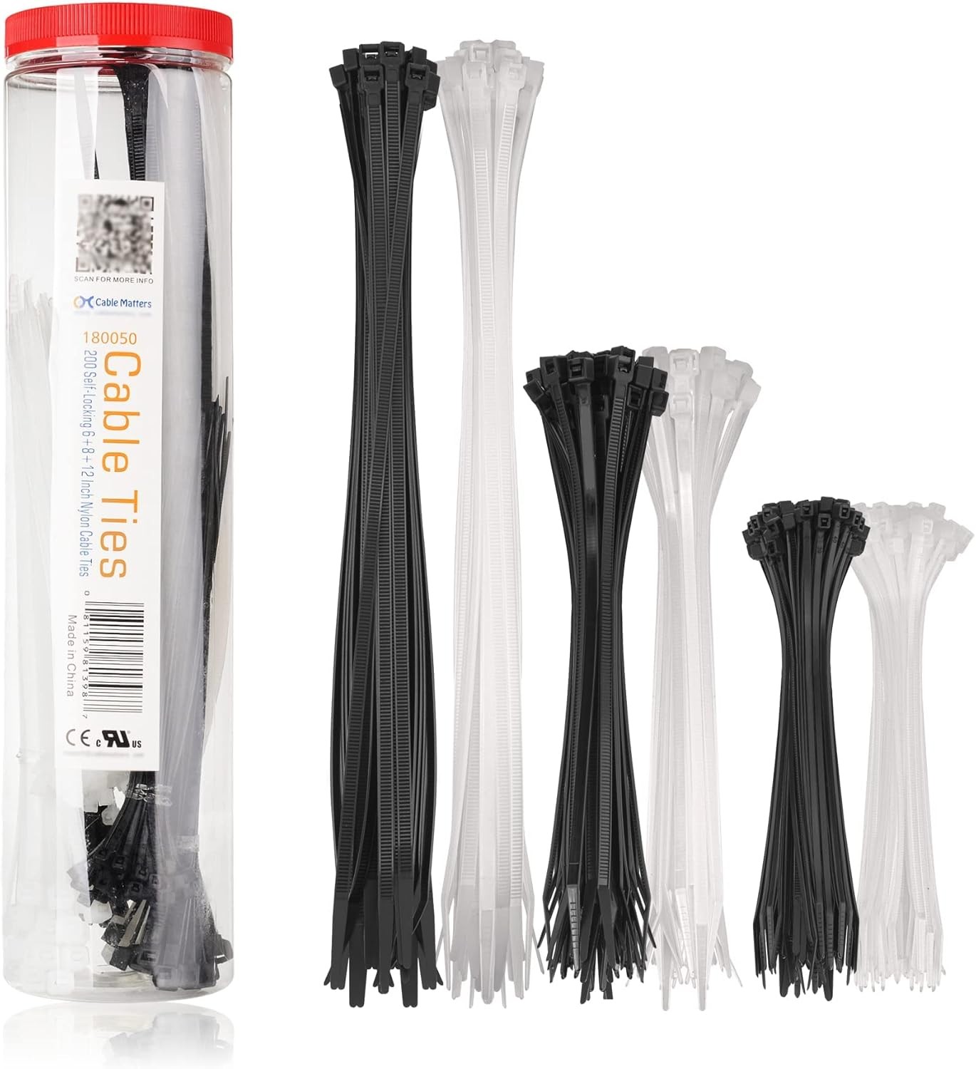 200-Pack Cable Ties for Indoor and Outdoor, 6, 8,12-Inch Self-Locking Nylon Zip