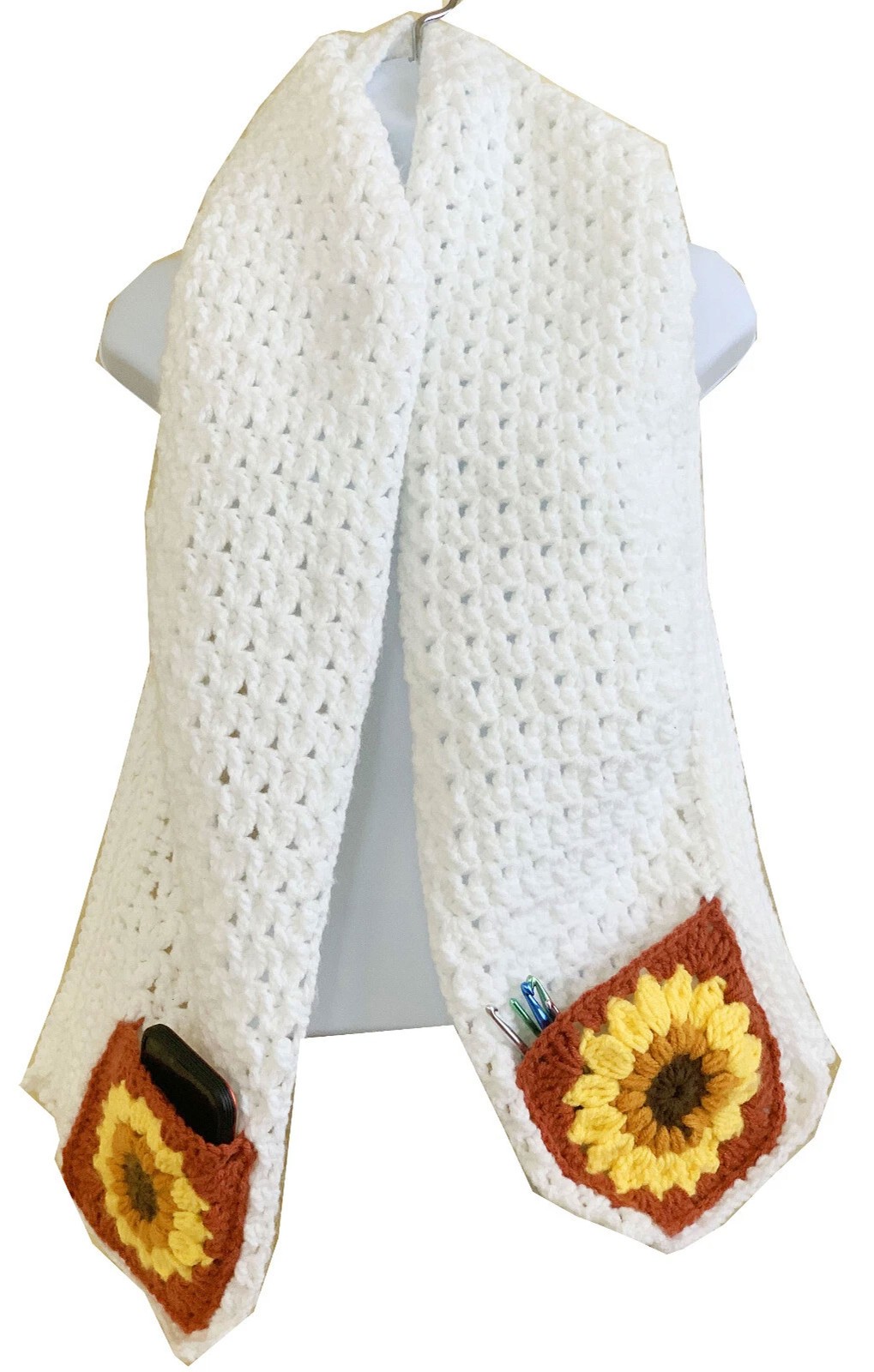 Sunflower Burst Granny Square Crochet Pocket Scarf Unisex L 55" Boho Handmade