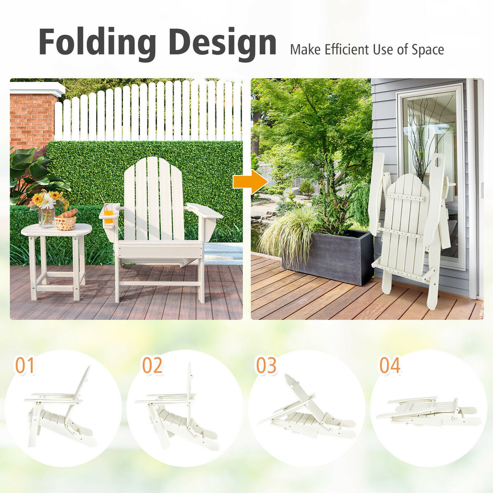 2PC Patio Folding Adirondack chair Side Table Cup Holder Poolside White