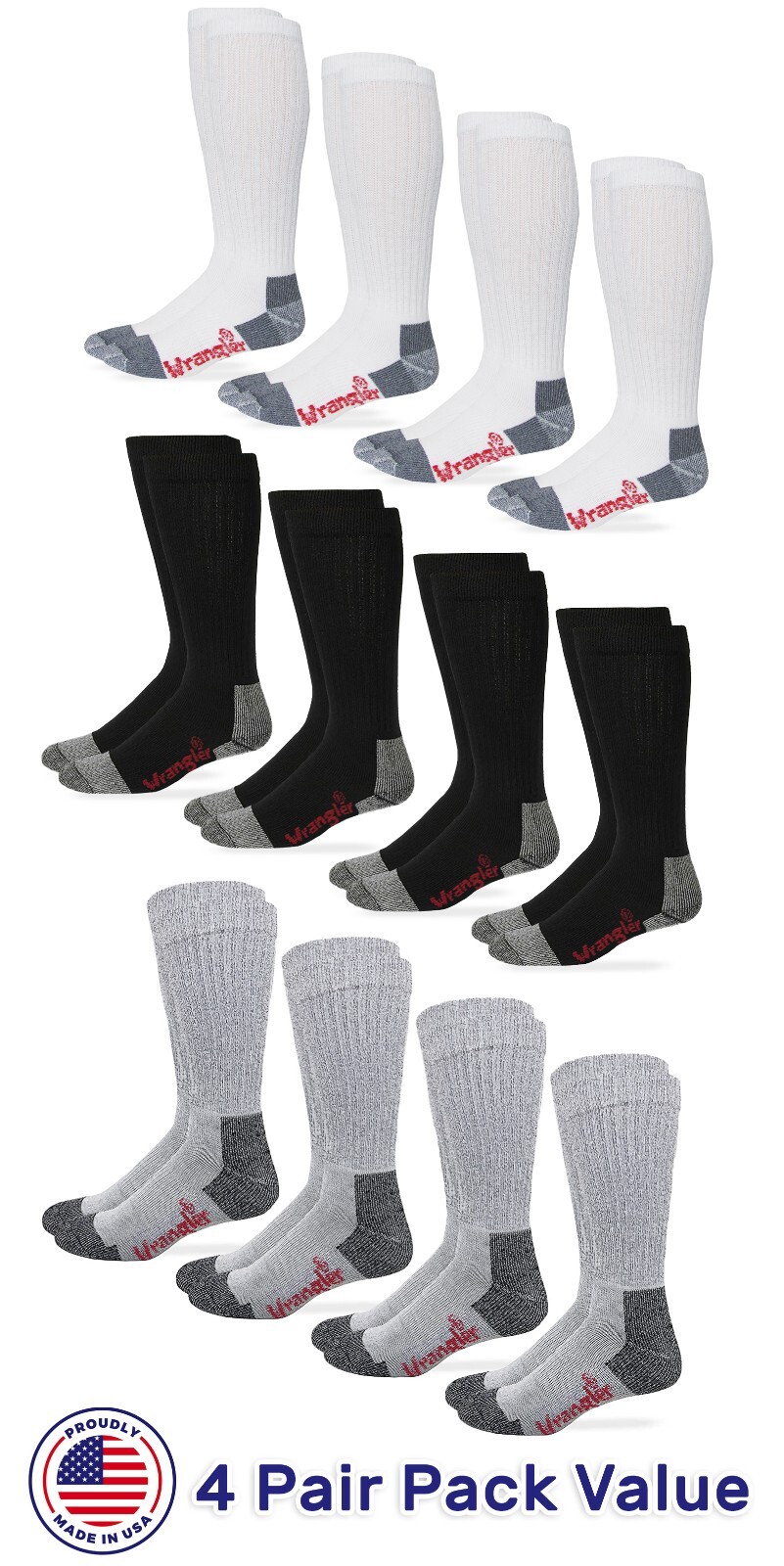 Wrangler Riggs Workwear Mens Tall 80% Cotton Cushion Over the Calf Boot Socks 4P