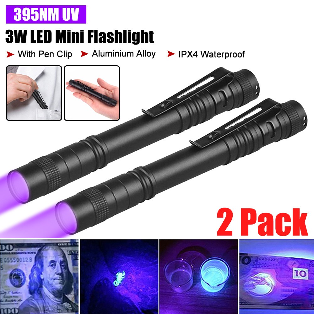 2PCS Portable 395nm UV LED Flashlight Penlight Black Light Clip Work Light Torch