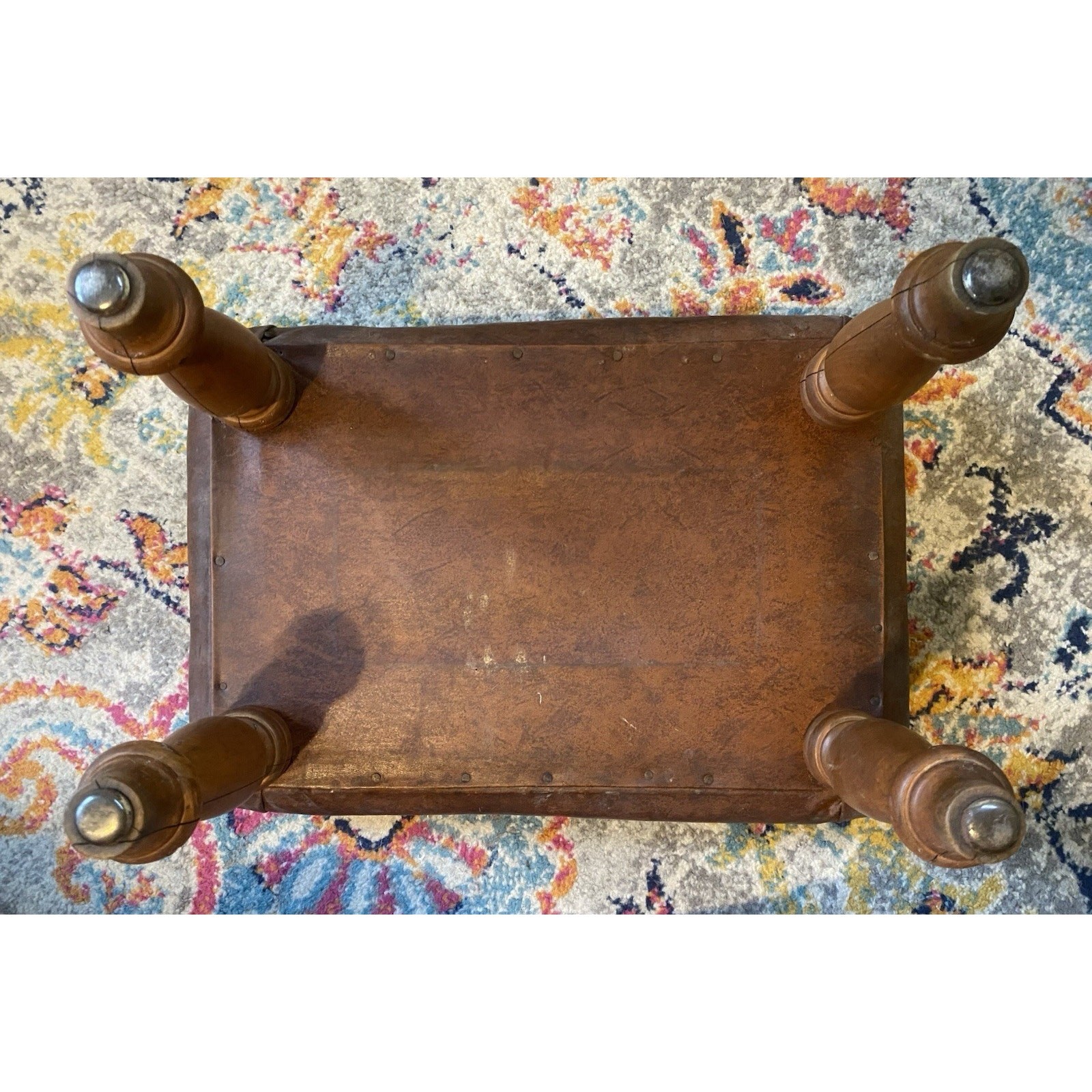 Vintage Maple Wood & Brown Vinyl Upholstered Footstool Carved Legs Dark Academia