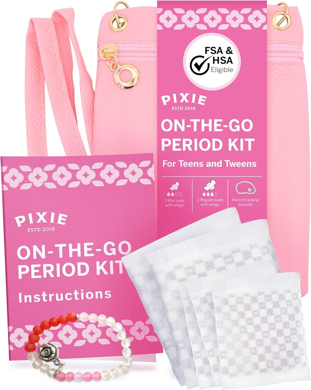 Pixie First Period Kit for Girls 9-12 - Best Organic Cotton Teen Pads with Wings
