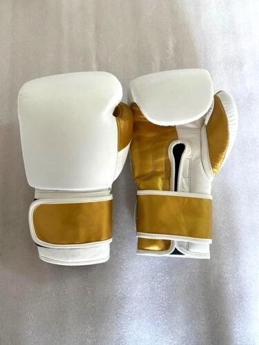White & Gold Boxing Gloves –Premium PU Leather, Hook & Loop Strap, Training 16oz
