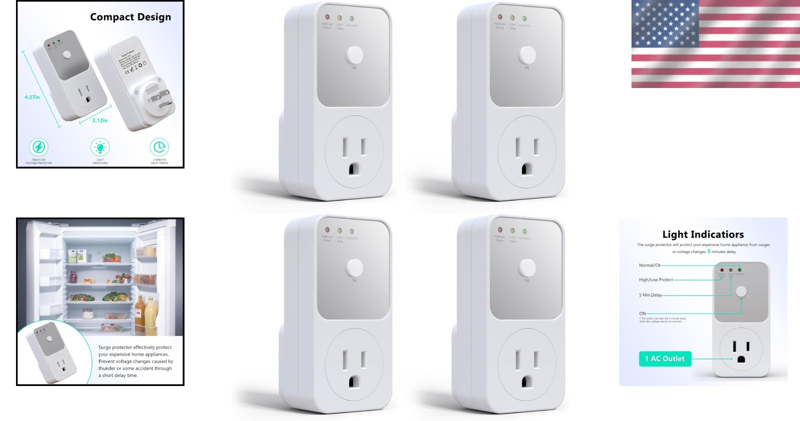 Refrigerator Surge Protector 4-Pack, 120V 15A, Voltage Spike Guard, Grounded