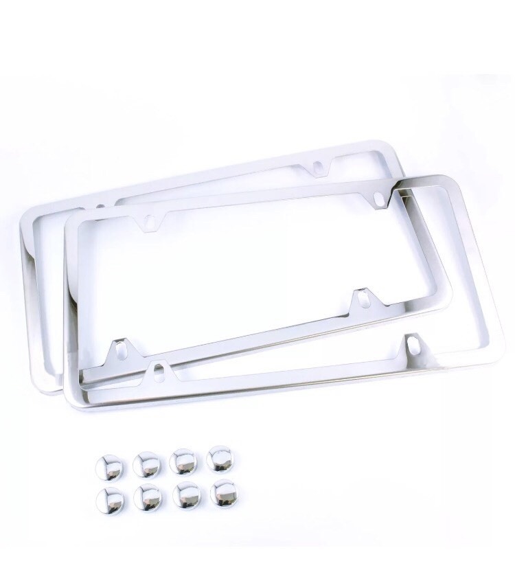 2PCS SLIM CHROME STAINLESS STEEL LICENSE PLATE FRAME SCREW CAP /SLIM 4 HOLE