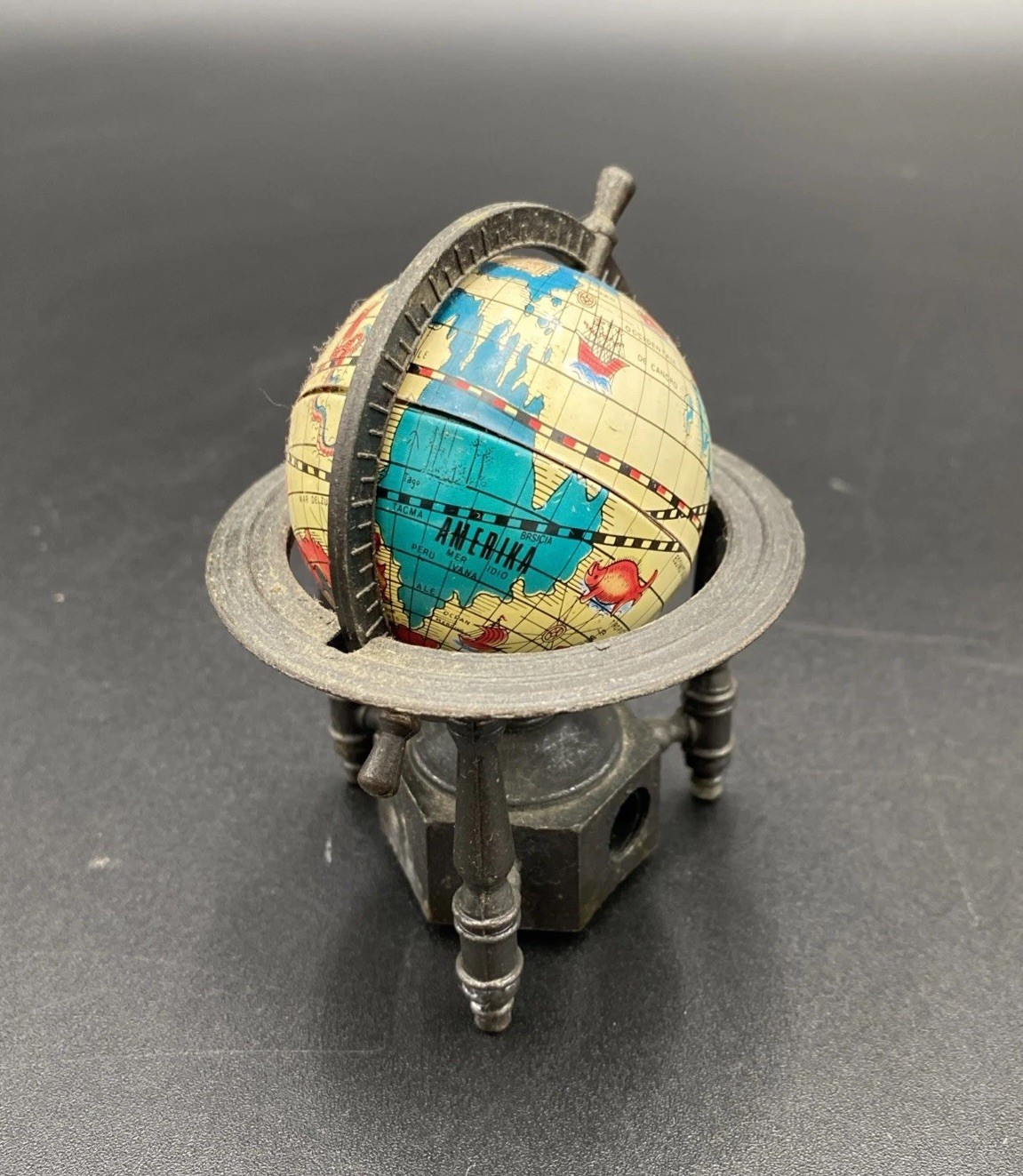 Vtg Miniature Die Cast Metal Pencil Sharpener Spinning Globe Map Desk Decor