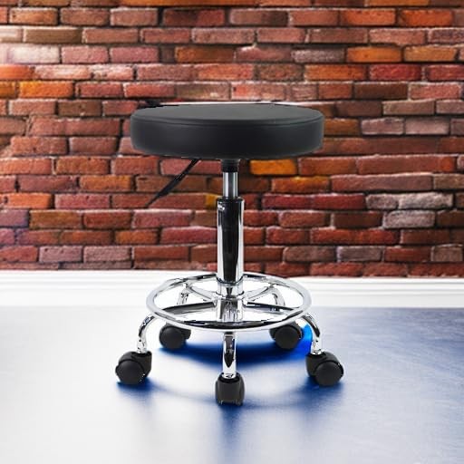 Leather Round Rolling Stool with Foot Rest Swivel Height Adjustment