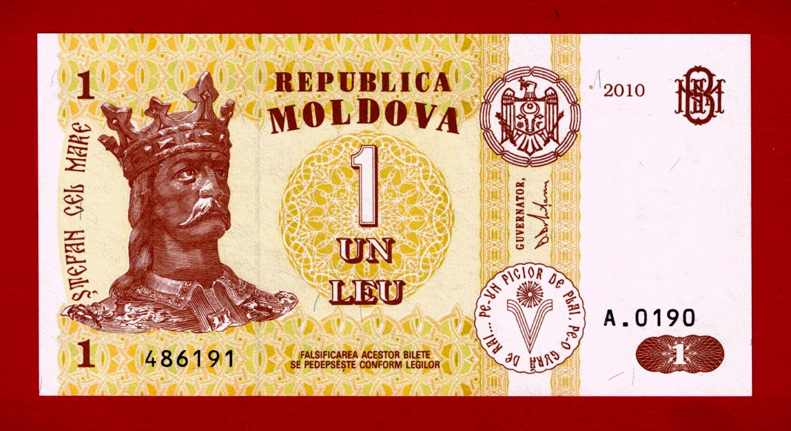 MOLDOVA 1 LEU 2010 UNC NOTE Sign: Dorin Drăguțanu - King STEFAN THE GREAT (P-8g)
