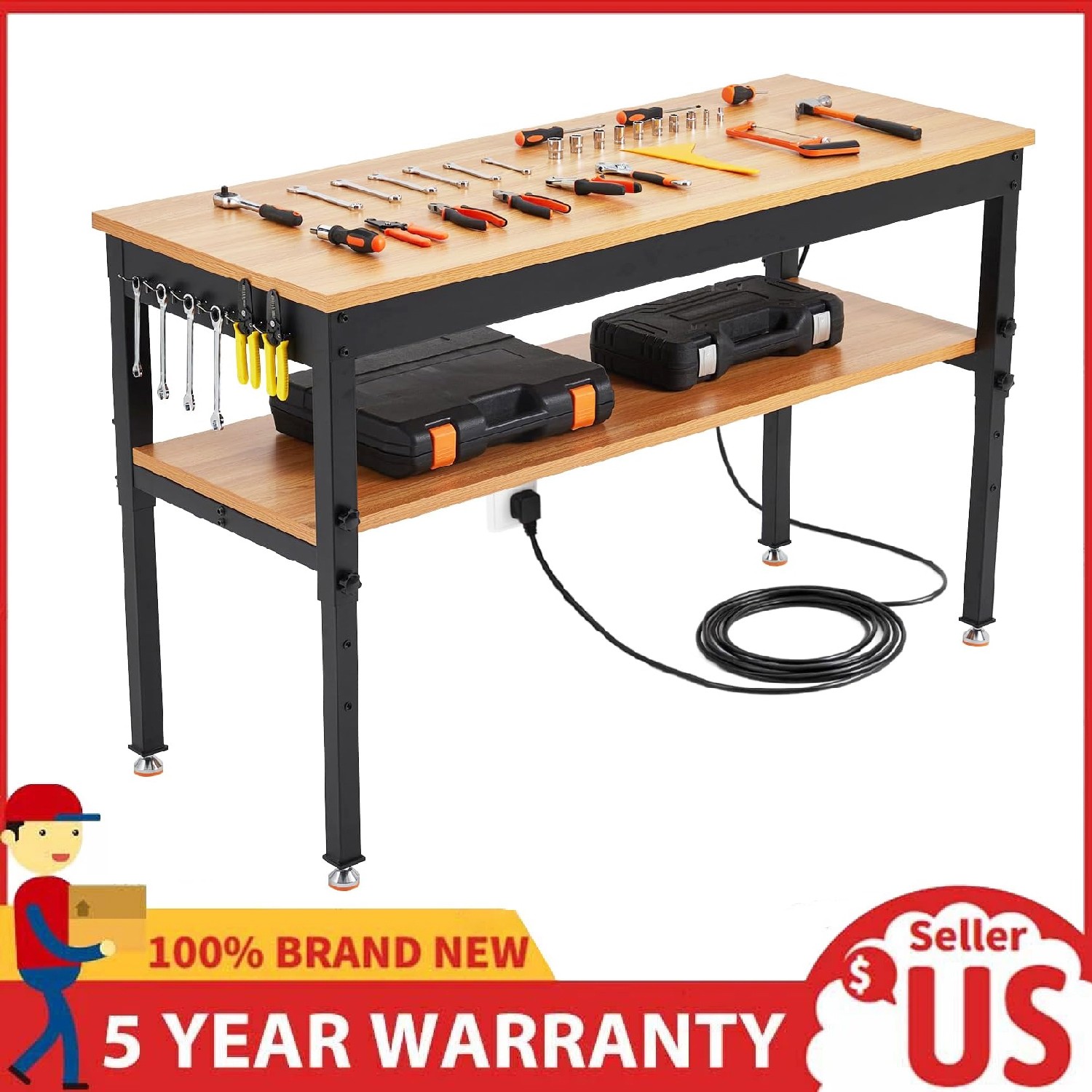48" Workbench Adjustable Height Work Table 2500LBS w/Power Outlet ,Storage Shelf
