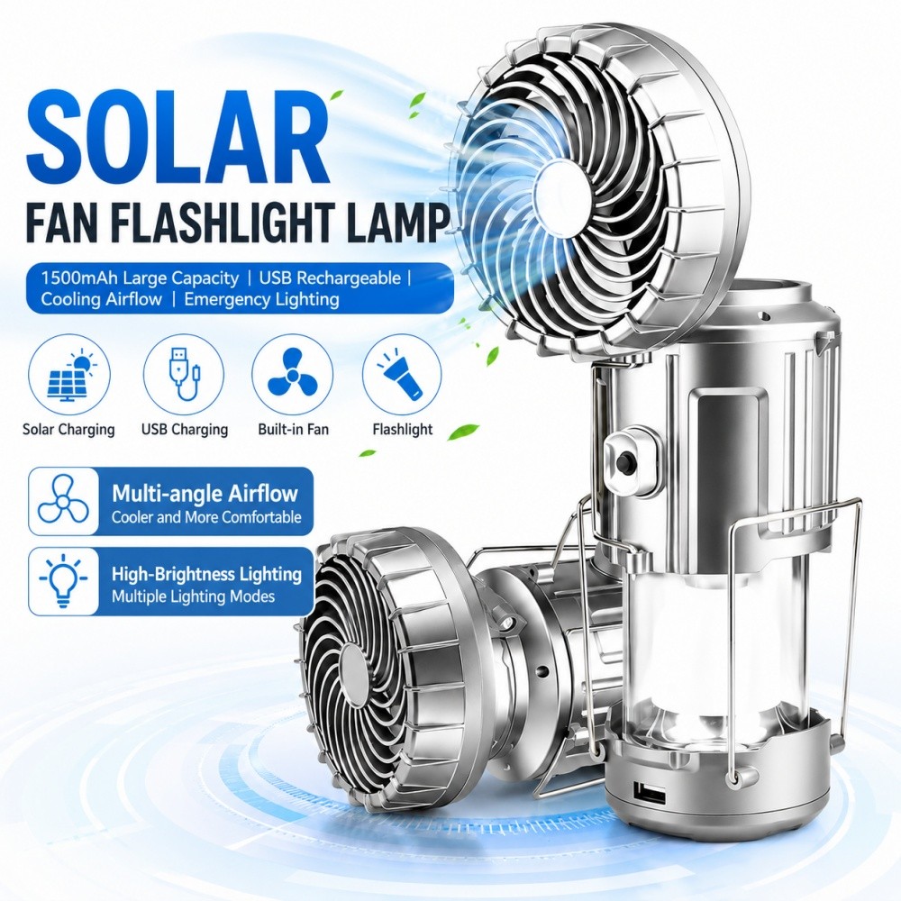 Solar Charging Camping Light Adjustable Fan Outdoor Lantern Rechargeable Lamp