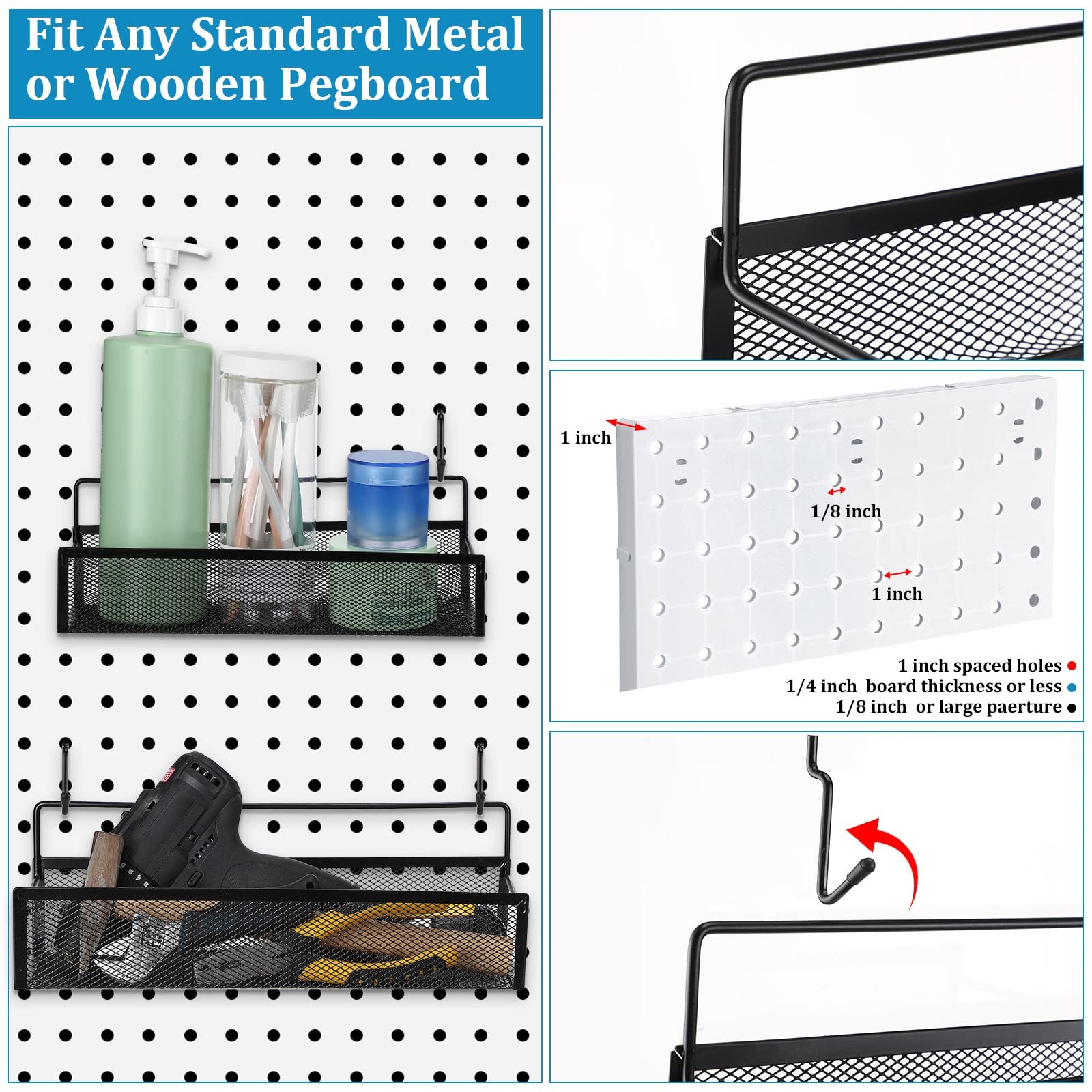 4 PCS Metal Pegboard Baskets with 8 Black Hooks Organizer Accessories