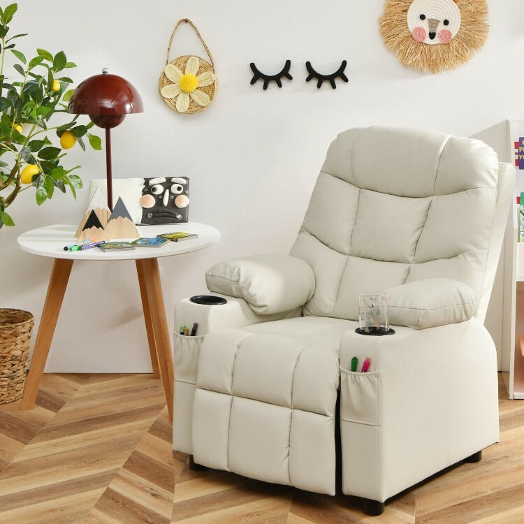 Kids Padded PU Leather Adjustable Recliner Chair W/Cup Holders & Storage Pockets