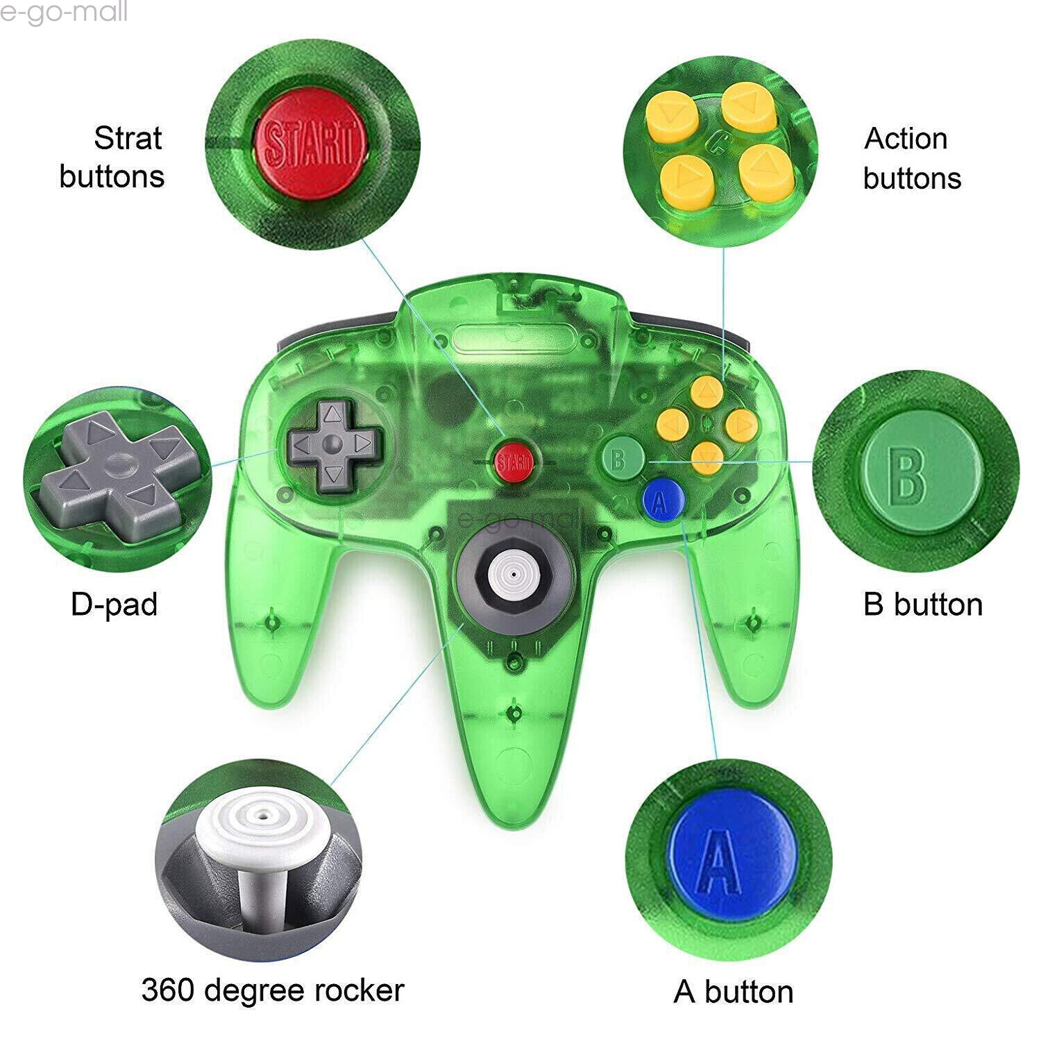Wired N64 Controller Joystick Gamepad for Nintendo 64 System Video Game Green