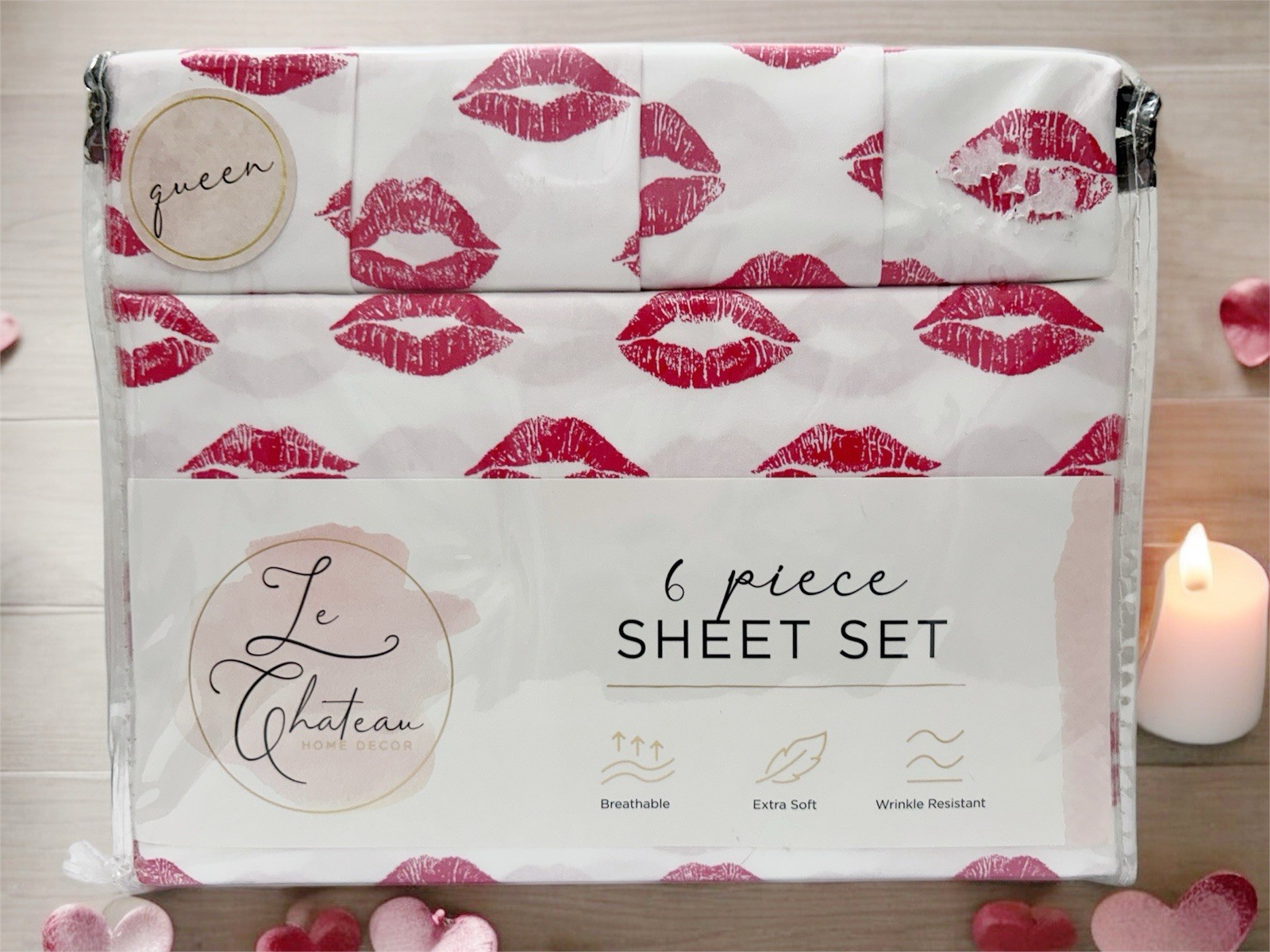 Le Chateau Red Lipstick Bedsheets Queen Set 6pc. Romance Gift Set For Her.