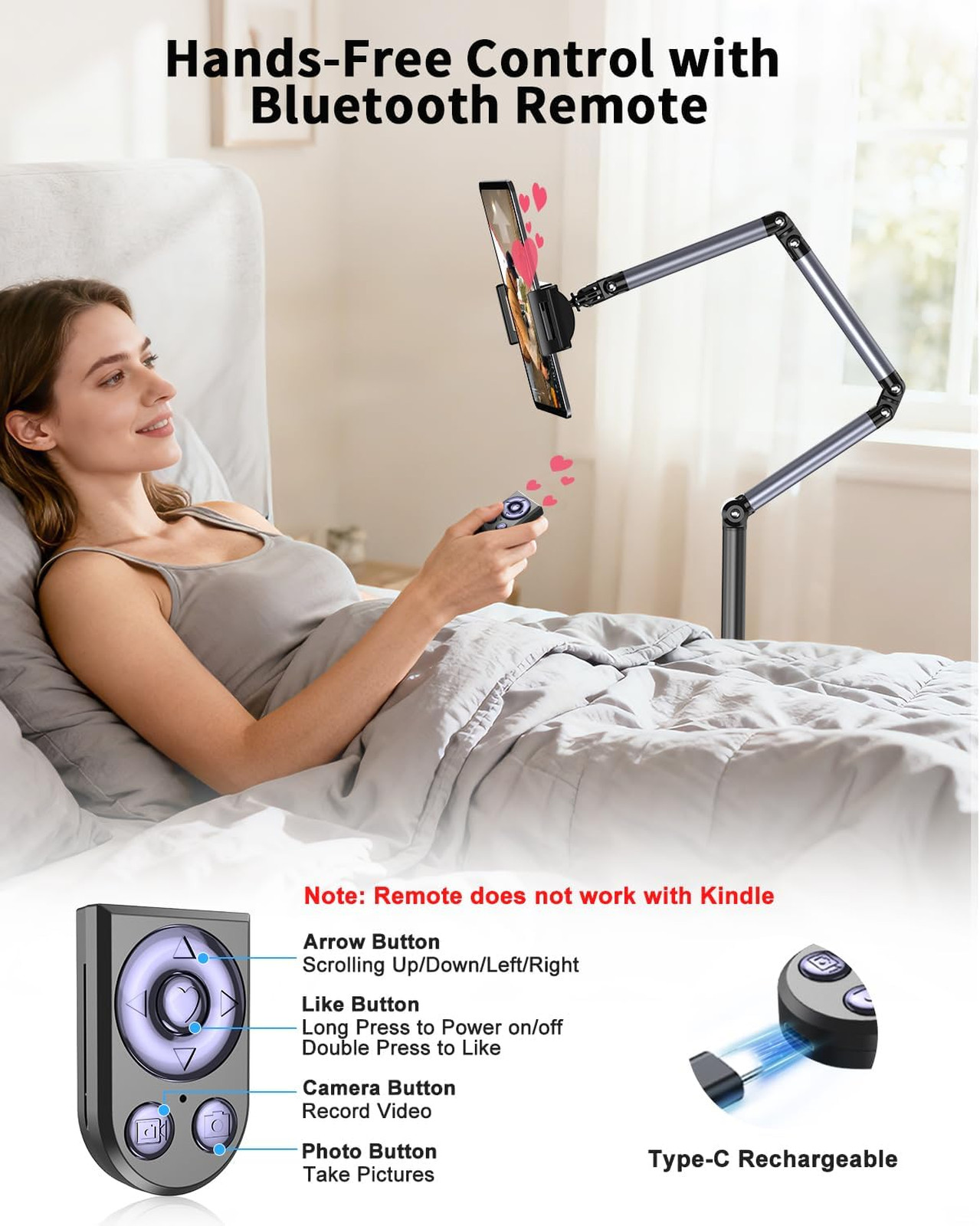 Rolling Tablet Floor Stand with Wheels, Adjustable Aluminum Arm, 360° Rotation