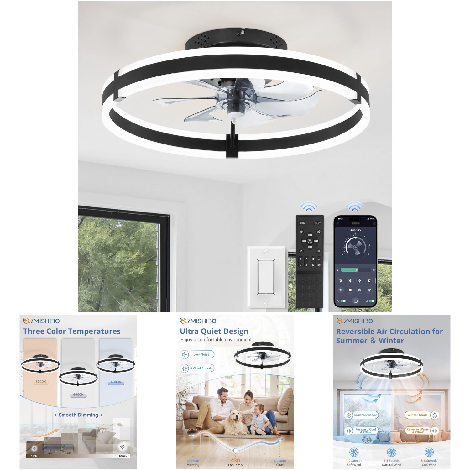 3000-6000K Dimmable Modern Flush Mount LED Fan Light 19.7'' Low Profile Ceiling