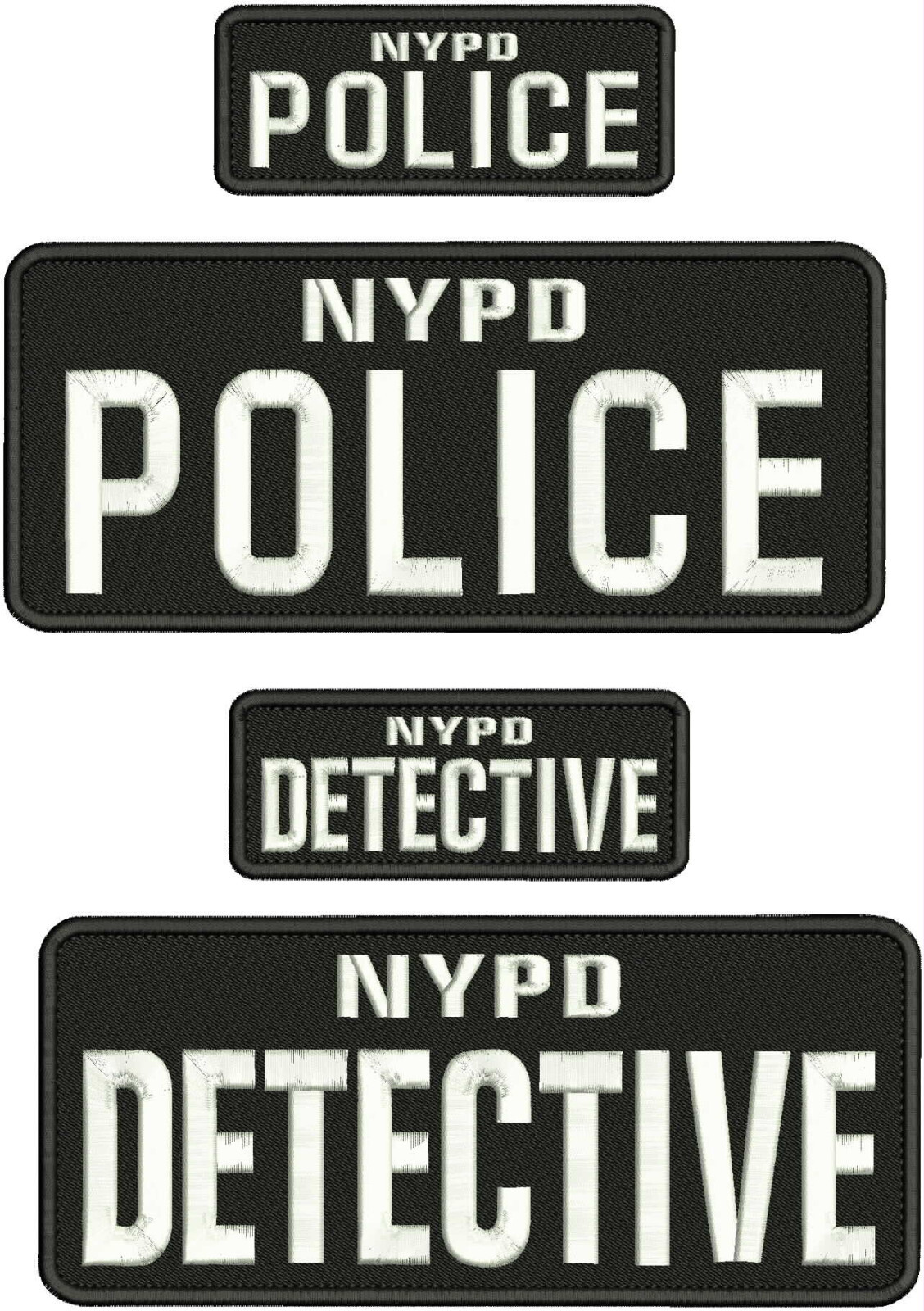 NYPD POLICE & DETECTIVE EMB PATCH 4X10 and 2X5  hook on back WHITE ON BLACK