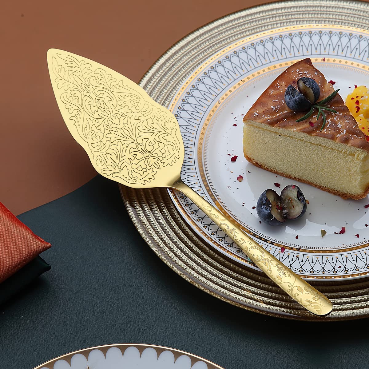 Gold Wedding Cake Knife and Server Set Titanium Gold Plating With Unique Pattern