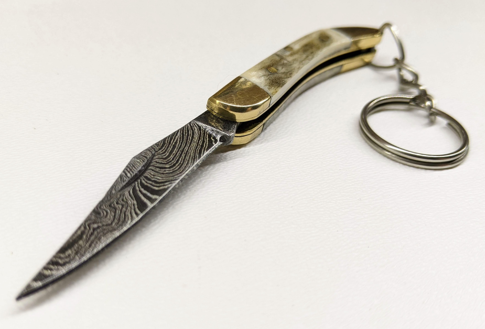 Folding Knife Mini Keychain Damascus Steel Blade Stag/Brass Handle 2.5in closed